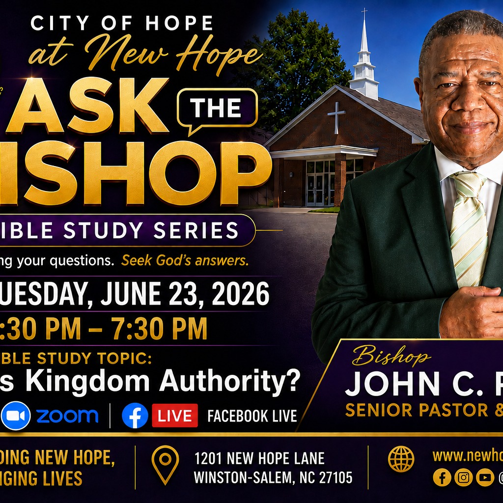 We invite you to join us for Bible Study at the City of Hope on Tuesday, June 23, 2026, from 6:30 PM – 7:30 PM. We continue the series ASK THE BISHOP. ASK THE BISHOP allows our participants to ask questions about biblical verses or questions about life situations that we unpack to receive revelations from God’s word.
You can join us via FACEBOOK LIVE or ZOOM LIVE by entering one of the links below.
FACEBOOK LIVE:
http://www.facebook.com/BishopJohnParks
ZOOM LIVE
Join Zoom Meeting
https://us02web.zoom.us/j/85185905558
Meeting ID: 851 8590 5558
Passcode: 706928
For our on line bible study archive, please visit our You Tube channel at http://www.youtube.com/@CityofHopeatNewHope.
Please like, comment, share, and SUBSCRIBE
We hope to see you on Tuesday at 6:30 PM EST
Bishop John C. Parks
Senior Pastor and Teacher