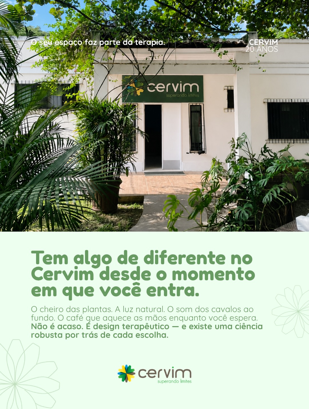 🌿 O ambiente também faz parte da reabilitação. Você sabia que a ciência comprova isso?
A natureza, os espaços abertos, a convivência entre as famílias e um ambiente acolhedor podem contribuir para reduzir o estresse, promover o bem-estar e favorecer uma experiência terapêutica mais positiva.
No CERVIM, reunimos tudo isso em um único espaço biofílico, onde diferentes terapias trabalham de forma integrada, sempre com base em evidências e no cuidado centrado na família.
💙 Arraste para o lado e descubra como cada detalhe do nosso ambiente pode fazer a diferença no processo de reabilitação.
#cervim20anos #biofilia #equoterapia #ambientefamiliar #terapias