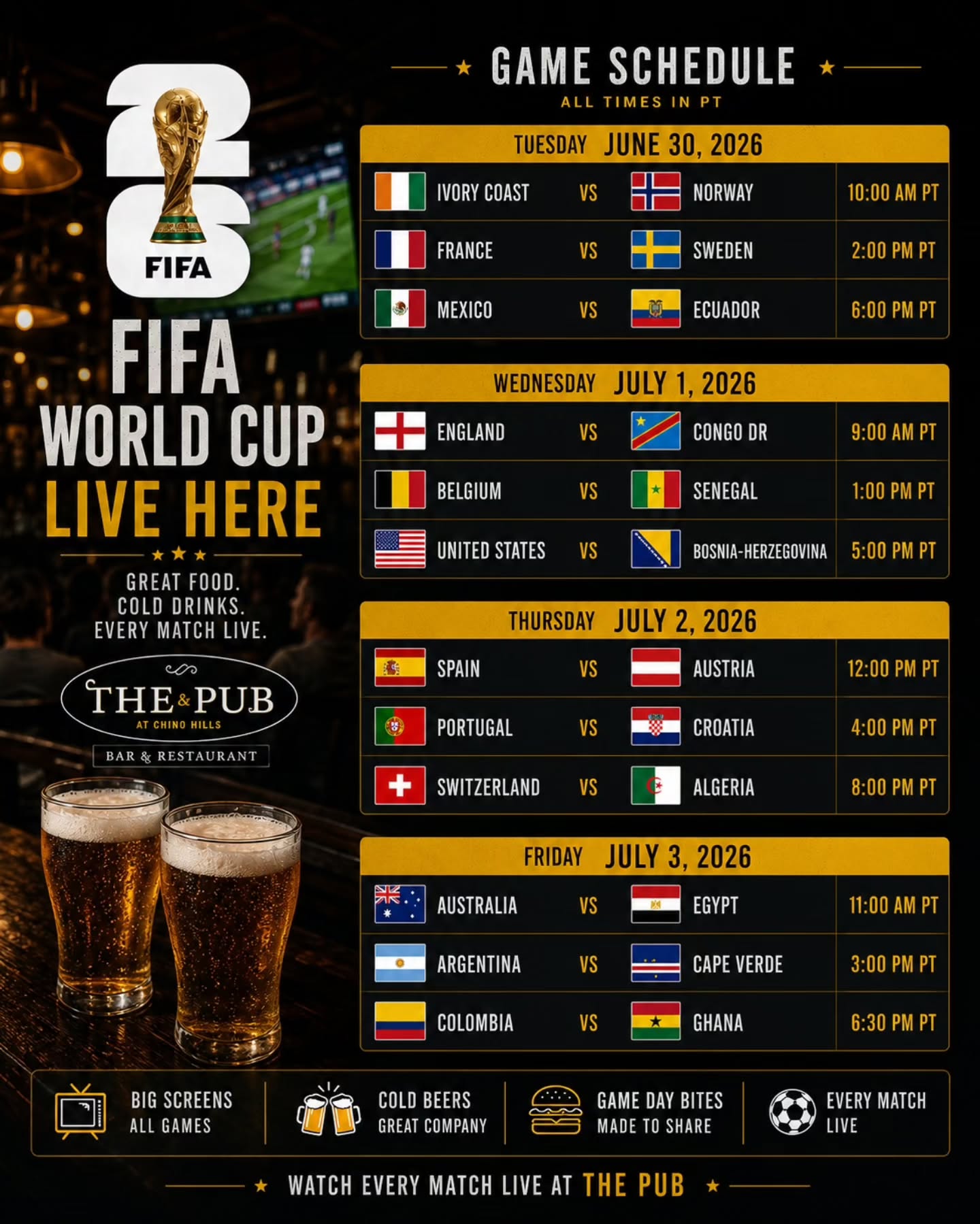 🏆 The world's biggest football tournament is here! Catch every FIFA World Cup 2026™ match live at The Pub at Chino Hills while enjoying delicious food, refreshing drinks, and the perfect place to cheer on your favorite teams.
📅 Take a look at this week's schedule, plan your watch party, and join us for every unforgettable moment. Great football is always better together! ⚽🍻
#thepubchinohills #fifaworldcup2026 #sportsbar #watchparty #footballfans
