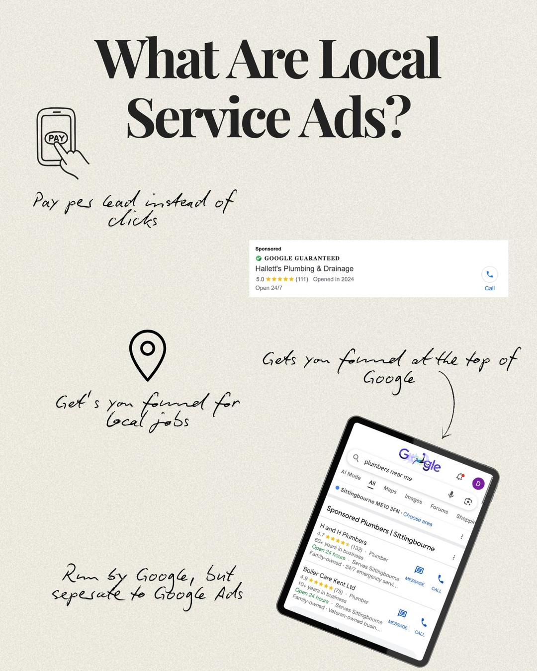 Helping you get found for local jobs ✔️
It's time to stop spending money on wasted clicks and start paying for qualified leads.
Get in touch to see how LSA's can help your business
