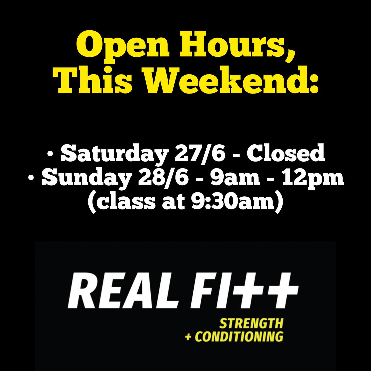 For those unaware, we are running a weightlifting competition this Saturday (27/6/26), so the gym will be closed. But, to make up for that, we will be opening on Sunday (28/6/26), from 9am - 12pm, running our regular conditioning class at 9:30am. Hopefully see you on Sunday.
*This is a one off, back to usual weekend hours the following weekend.