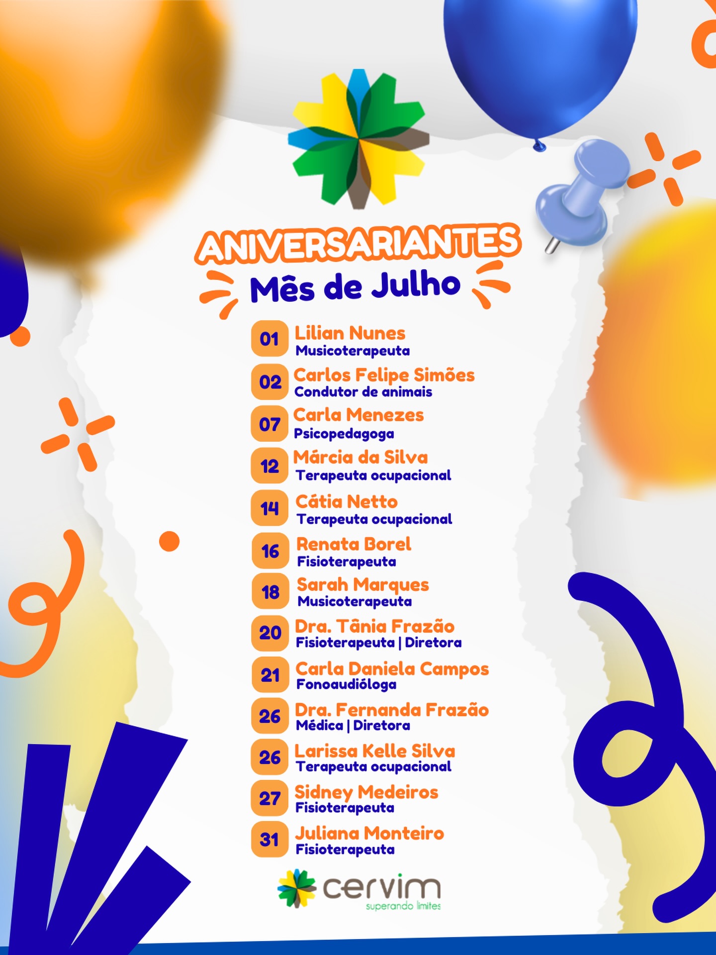 🎉 Julho chegou trazendo muitos motivos para comemorar!
Neste mês, celebramos a vida de pessoas muito especiais que fazem parte da nossa história. 💙
Desejamos que este novo ciclo seja repleto de saúde, alegrias, conquistas e momentos inesquecíveis. Que não faltem motivos para sorrir e seguir realizando sonhos!
Parabéns a todos os aniversariantes de julho! Que seja um ano de muitas realizações. 🥳🎂
#AniversariantesDoMês #Julho #Parabéns #EquipeCERVIM #CERVIM20Anos