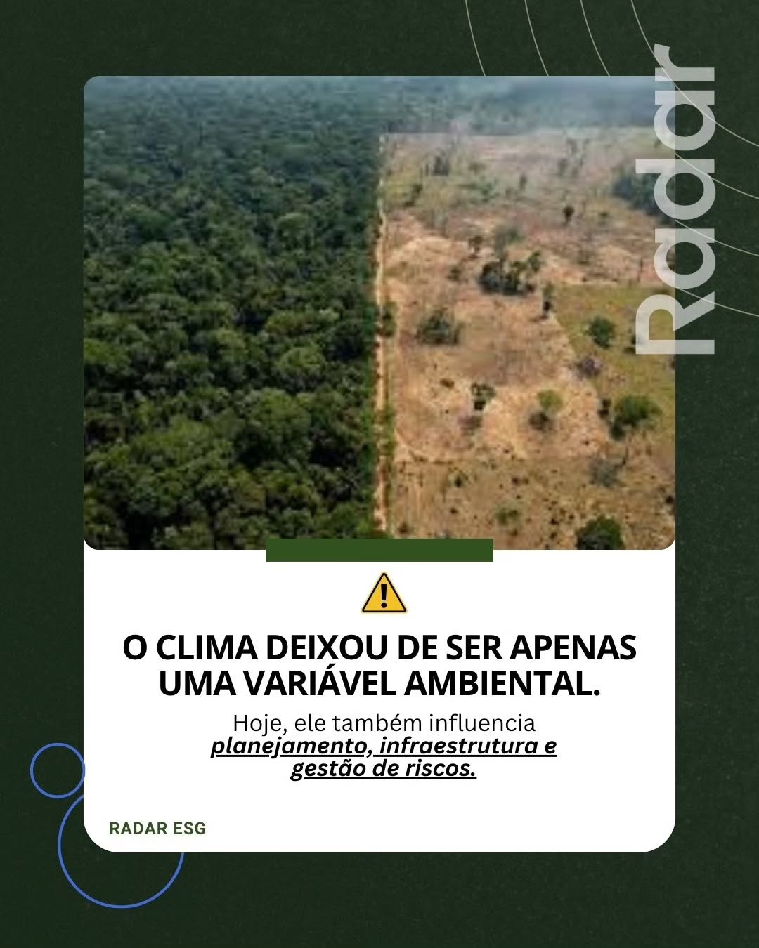 O eventos climáticos extremos passaram a impactar cadeias produtivas, infraestrutura, abastecimento e planejamento no curto e longo prazo. Cada vez mais, compreender os riscos climáticos significa ampliar a capacidade de adaptação das organizações diante dessas situações.
O debate sobre mudanças climáticas não pertence apenas ao campo ambiental. Ele também faz parte da agenda estratégica de empresas e instituições. Sua organização já considera os riscos climáticos no planejamento estratégico? A Radar ESG te ajuda com esse planejamento de riscos climáticos.
#eventosclimaticos #clima #ESG