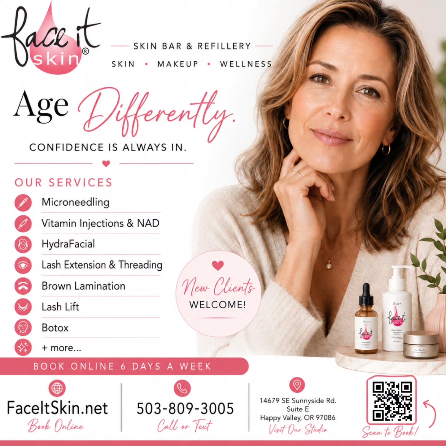 When was the last time you updated your skincare routine... or your makeup? We do this daily for women.
Many of us are still using products and techniques that worked years ago, but our skin changes with time, stress, hormones, and lifestyle and seasons.
At Face It Skin Bar & Refillery, we help women simplify beauty with personalized skincare, makeup lessons, facials, lashes, brows, and advanced treatments designed for where your skin is today—not where it was 10 years ago.
Whether you want healthier skin, a more polished makeup look, or simply an hour to relax and recharge, we're here for you. Sometimes it's just a new technique, lipstick color and a personalized lesson.
✨ Microneedling
✨ HydraFacial
✨ Lash Extensions & Lash Lifts
✨ Brow Lamination & Threading
✨ Botox & Vitamin Injections
✨ Makeup Lessons (mother & daughter too)
✨ Clean Beauty Makeup & Skincare
📍 14679 SE Sunnyside Rd., Suite E, Happy Valley
📞 503-809-3005
🌐 Faceitskin.net
Stop in, say hello, and let us help you age your best.
Walk-in today from 11:00 - 4:00!
Accepting appointments Sunday through Friday, welcoming walk-ins Wednesday through Saturday.
#FaceItSkin #makeupartist #makeup #skincare #skincaretips esthetician oregonesthetician happyvalleyoregon aginggracefully aging lipstick lipsticklover