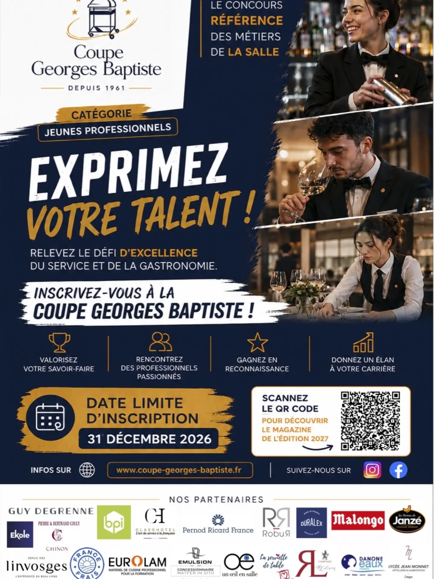 CGB Jeunes professionnels : les inscriptions sont ouvertes.
N'hésitez pas à télécharger notre affiche trouvable sur notre site www.coupe-georges-baptiste.fr afin de l'afficher dans vos entreprises.
#cgb #concoursderestaurant #communication #artsdelatable