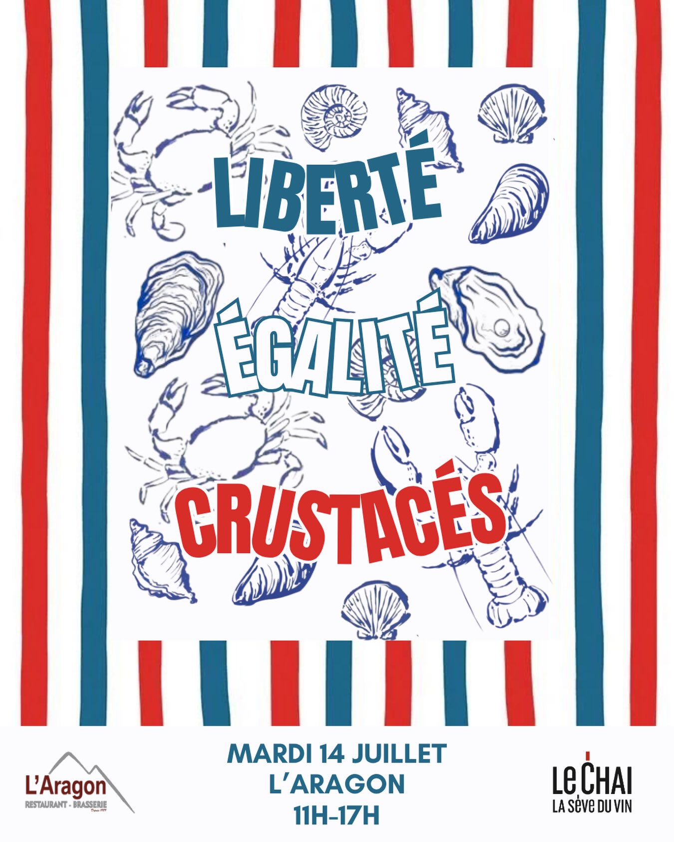đ«đ· LIBERTĂ ĂGALITĂ CRUSTACĂS đ«đ·
Mardi 14 juillet
FĂȘte Nationale Ă lâAragon @aragon_brasserie_pau
11h-17h
Notre devise du jour :
đ· LibertĂ© de dĂ©guster les bons vins de @lechai.fr
đŠȘ ĂgalitĂ© face au plateau de fruits de mer
đŠ CrustacĂ©s Ă volontĂ©
Vous ĂȘtes prĂȘts ???