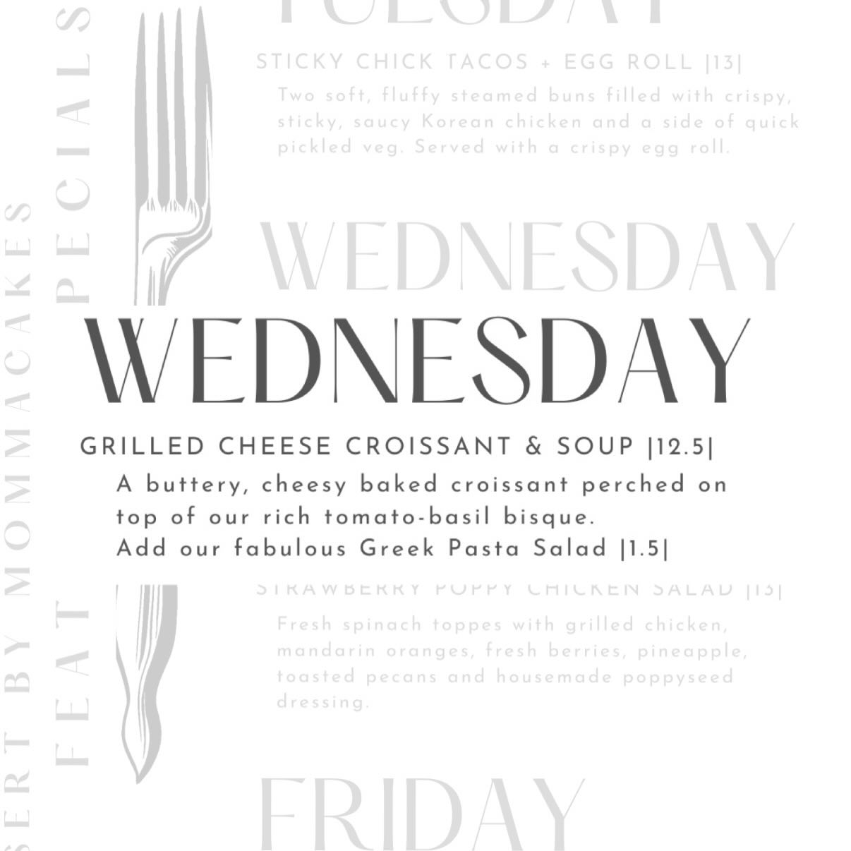 🥐🧀 If a grilled cheese and a croissant had a ridiculously delicious baby… this would be it. 🤤
Come dunk, dip, and devour your way through Wednesday. Soup season is a state of mind. 🍅✨
#DessertByMommaCakes #WednesdaySpecial #ComfortFood #FairfieldTX #LunchGoals