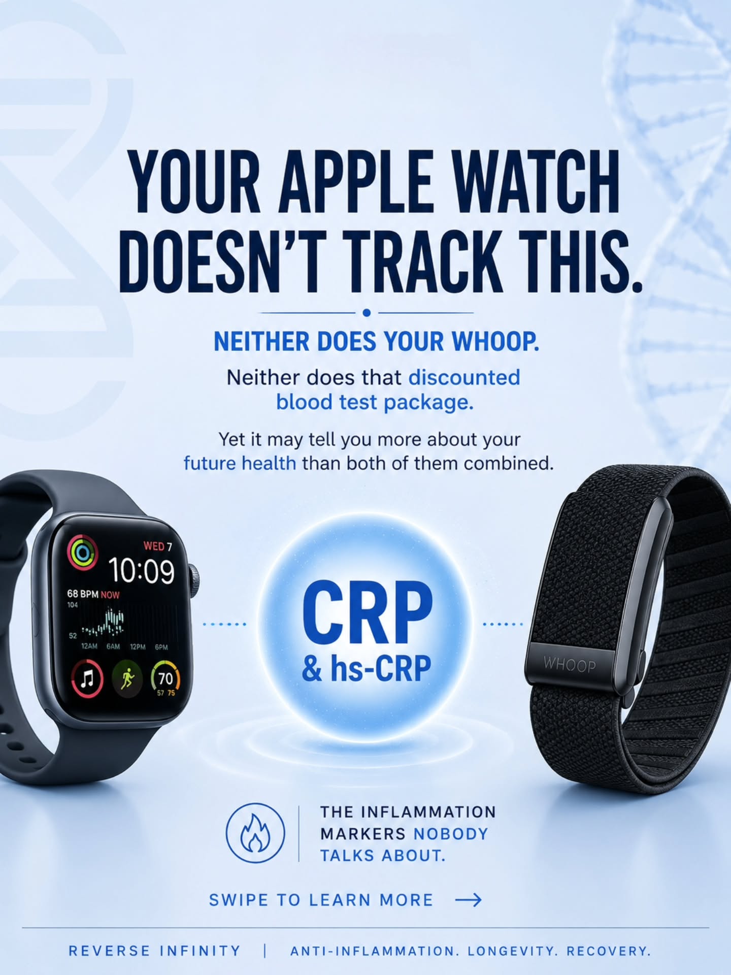 Your fitness tracker knows your steps.
Your inflammation? Not so much.
#Inflammation #Longevity #Biohacking #Healthspan #ReverseInfinity
Many diseases look different.
Inflammation is often the common thread connecting them.
#Inflammation #PreventiveHealth #Longevity #Wellness #ReverseInfinity
Think of CRP as your body's inflammation alarm.
The louder the alarm, the more attention it deserves.
#CRP #Inflammation #HealthMarkers #Longevity #ReverseInfinity
CRP is useful.
hs-CRP is where things get interesting.
Especially for longevity.
#hsCRP #Biohacking #Longevity #HealthTesting
You can feel healthy.
You can look healthy.
You can still have elevated inflammation.
#Inflammation #Healthspan #Longevity #PreventiveHealth #ReverseInfinity
One number.
A surprising amount of information.
Do you know your hs-CRP?
#hsCRP #BloodTests #Longevity #Biohacking #ReverseInfinity
At Reverse Infinity, almost everything we do is linked to recovery, resilience and inflammation management.
#HBOT #Cryotherapy #RedLightTherapy #Longevity #ReverseInfinity
CRP is the beginning of the conversation.
Not the end of it.
#IL6 #TNFalpha #Homocysteine #Inflammation #ReverseInfinity
No guesses for @ekalavya 's favourite blood marker!