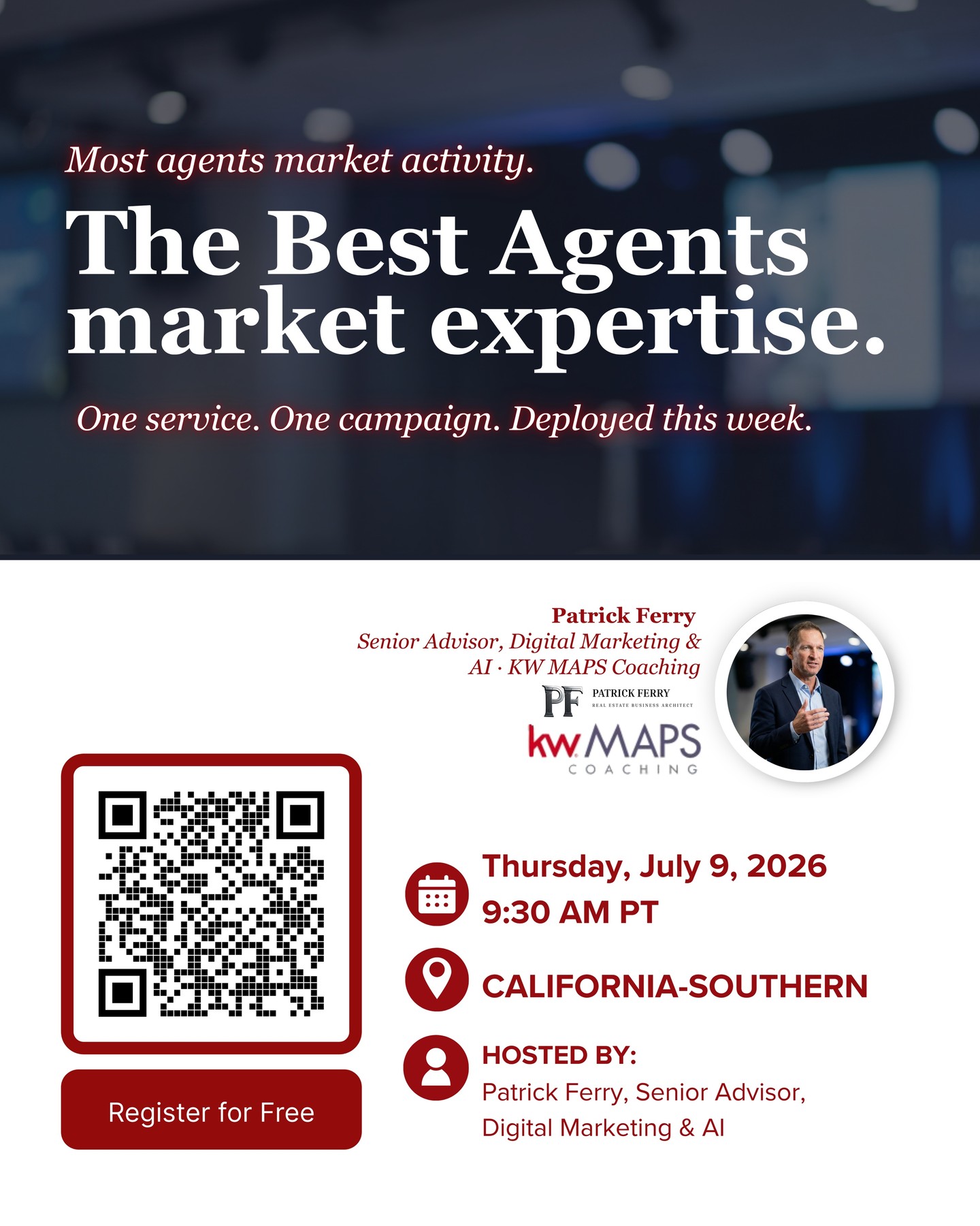 The most expensive phrase in real estate isn't a price drop, it's three words from a past client: "I didn't know you did that."
That's a deal you earned and never claimed. A service you provided and never marketed. A relationship you built and someone else closed.
Not because you lacked the value because your marketing never made it clear.
On Thursday, July 9, Patrick Ferry of KW MAPS Coaching teaches Appointment-First Marketing Made Simple. 90 minutes on turning what you already do into marketing that actually creates appointments.
No fluff. No theory. Just a system you can run the next morning.
Thursday, July 9 · 9:30 AM
Reserve your seat!
#KWLJ #RealEstateMarketing #KWMAPS #AppointmentFirst