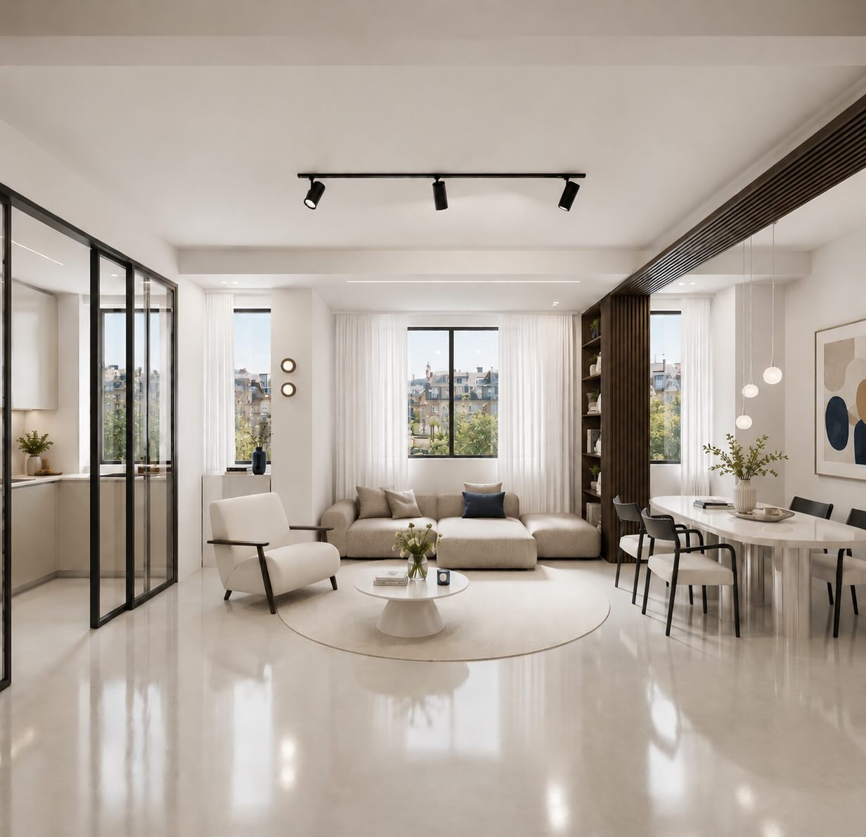 Casa GM12 - render di progetto ✨
In questo progetto ci siamo concentrati sulla realizzazione di un’ampia zona giorno, pensata come il cuore della casa: uno spazio dedicato alla convivialità e alla vita familiare, accogliente, luminoso e generoso nelle dimensioni.
La grande fascia attrezzata organizza e definisce gli ambienti senza interromperne la continuità visiva, integrando spazi contenitivi ed espositivi in un unico elemento architettonico.
Le ante scorrevoli che separano la cucina dal soggiorno consentono di modulare il rapporto tra i due ambienti: una volta aperte favoriscono la connessione visiva e la condivisione degli spazi, mentre da chiuse garantiscono maggiore privacy e concentrazione durante la preparazione dei pasti, senza rinunciare alla luminosità e al dialogo con la zona living.
•
•
•
#interiordesign #architecture #project