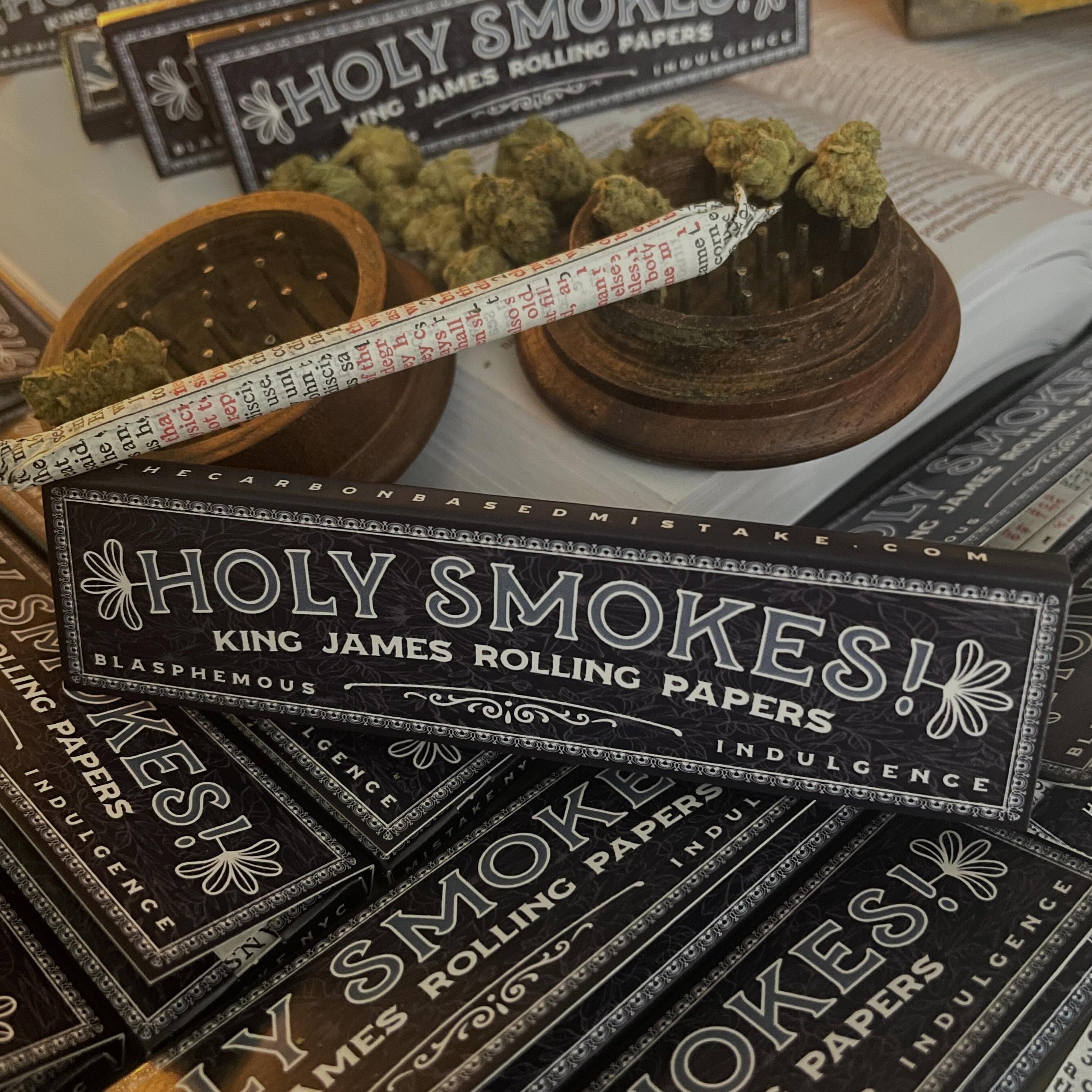 Link in bio! Finally available!
HOLY SMOKES! Limited Edition King James Rolling Papers. Blasphemous Indulgence.
Hand cut and assembled from my childhood bible, circa 1979. I took my childhood bible and cut it up into paper sized sheets, then made my own food safe rolling paper glue, glued each one and folded them when dry. Then I assembled them into an interlocking fold style, so when you pull one out the next pops up.