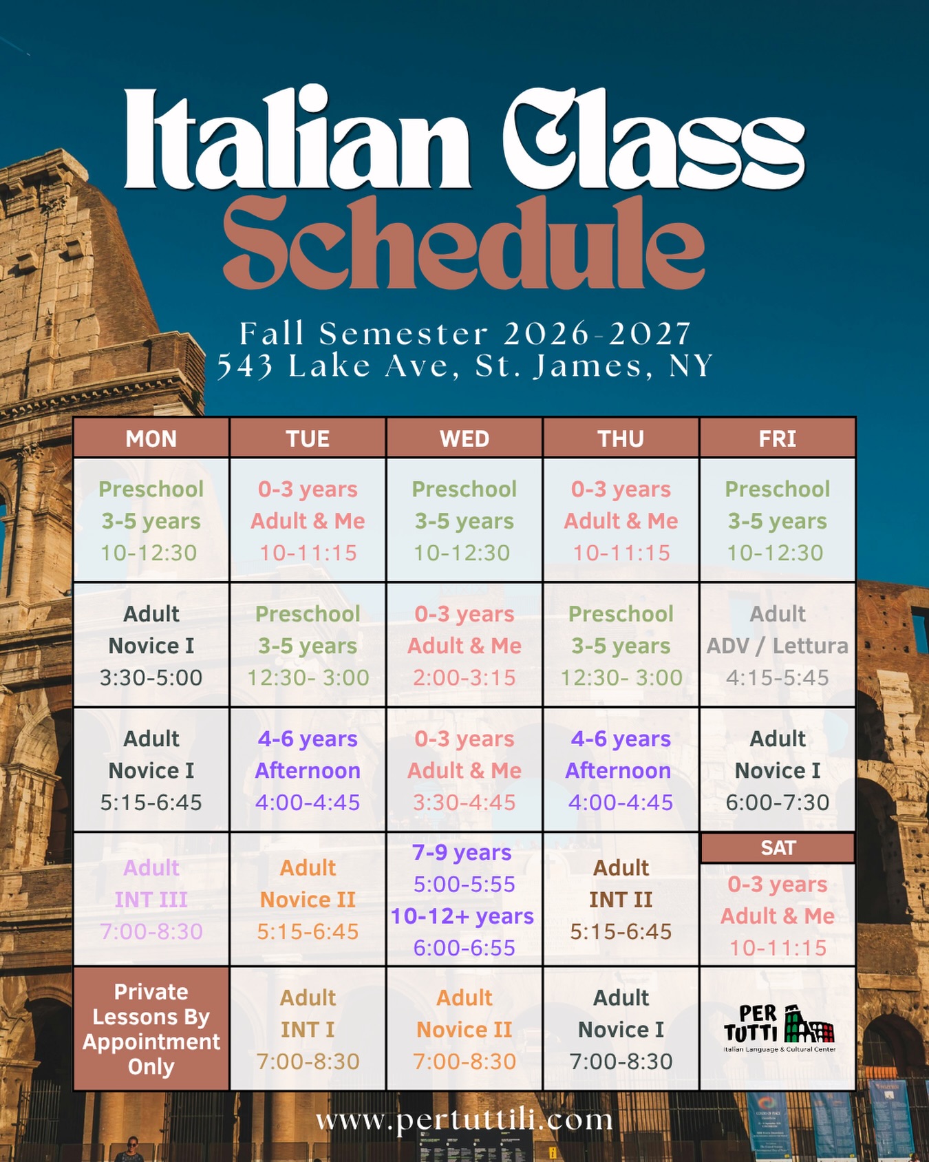 Looking for Italian classes on Long Island this fall? 🇮🇹
Registration is now open for Per Tutti’s Fall 2026 semester! From toddlers and preschoolers to school-age children and adults, our immersive Italian language programs make learning fun, engaging, and meaningful for every age.
Whether you’re introducing your child to Italian, preparing for travel, reconnecting with your heritage, or building fluency, there’s a class for you.
✨ Children’s Classes
✨ Adult Beginner, Intermediate & Advanced
✨ Adult & Me
✨ After-School Programs
✨ Private Lessons Available
📍 543 Lake Avenue, Saint James, NY
📧 info@pertuttili.com
🇮🇹 Italian for all ages, all levels, all year!
Register at www.pertuttili.com