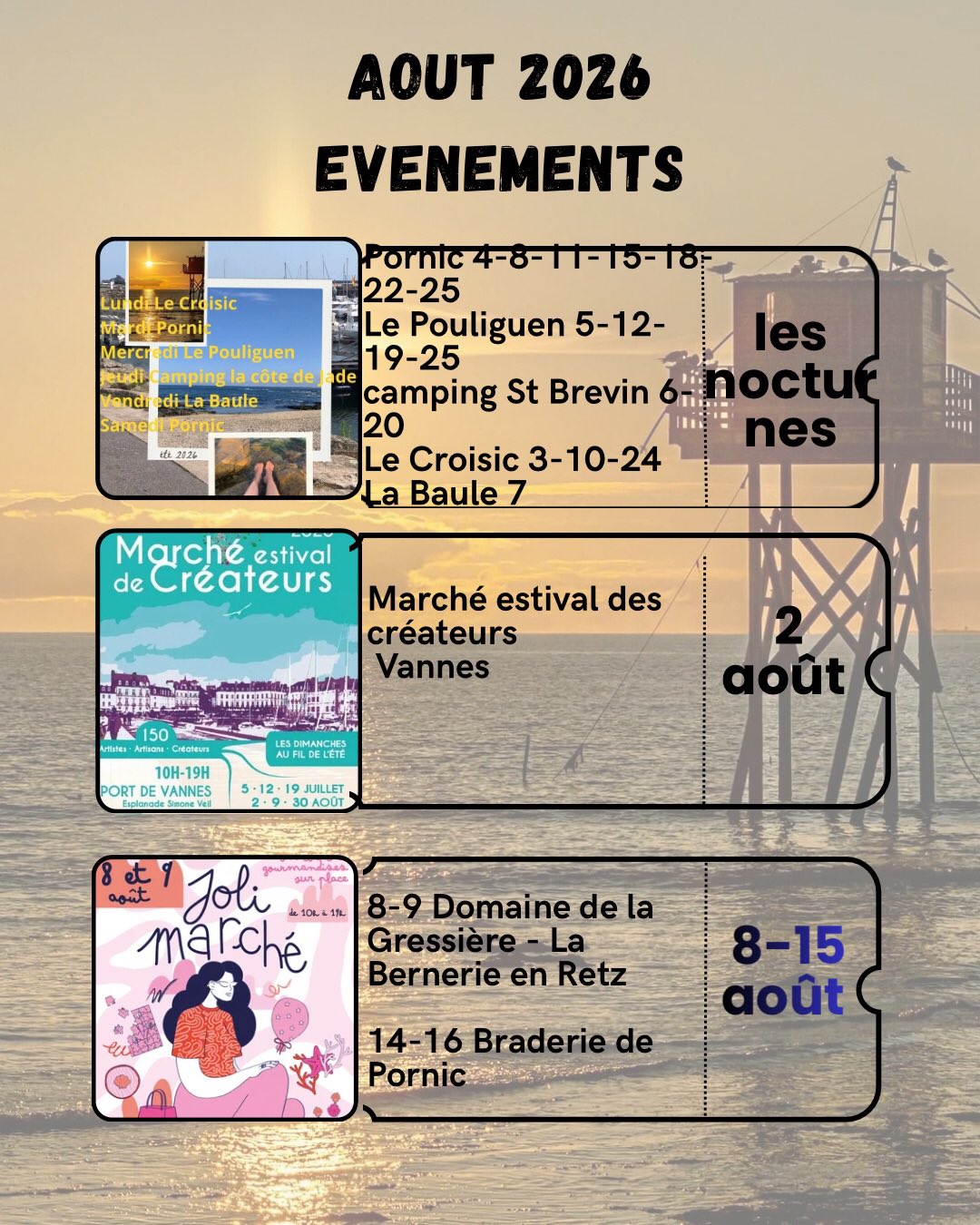 ☀️✨ MES RENDEZ-VOUS D’AOUT 2026 ✨☀️
Cet été, je suis heureuse de vous retrouver sur les marchés nocturnes, artisanaux et de créateurs de la côte Atlantique et du Golfe du Morbihan.
🌙 Marchés nocturnes
📍 La Baule
📍 Pornic
📍 Le Croisic
📍 Le Pouliguen
🎨 Marchés artisanaux et estivaux de créateurs
📍 Vannes @crealouest.fr
📍 Domaine de la Gressière – La Bernerie-en-Retz (Marché artisanal de Jolie Ville) @joliesvilles
Venez découvrir mes cosmétiques naturels, élaborés avec des ingrédients soigneusement sélectionnés pour prendre soin de votre peau tout en respectant la nature. 🌿
Au plaisir d’échanger avec vous, de vous faire découvrir mes créations et de partager ensemble ces beaux moments estivaux dans des lieux d’exception.
💚 Artisanat local
🌿 Cosmétique naturelle
✨ Fabrication artisanale
Retrouvez toutes les dates en story et sur mes réseaux !
Chaque marché est une belle occasion de vous rencontrer et de vous faire découvrir les trésors que la nature nous offre pour prendre soin de notre peau.
#CosmetiquesNaturels #ArtisanatLocal #MarchéNocturne #madeinfrance #Été2026