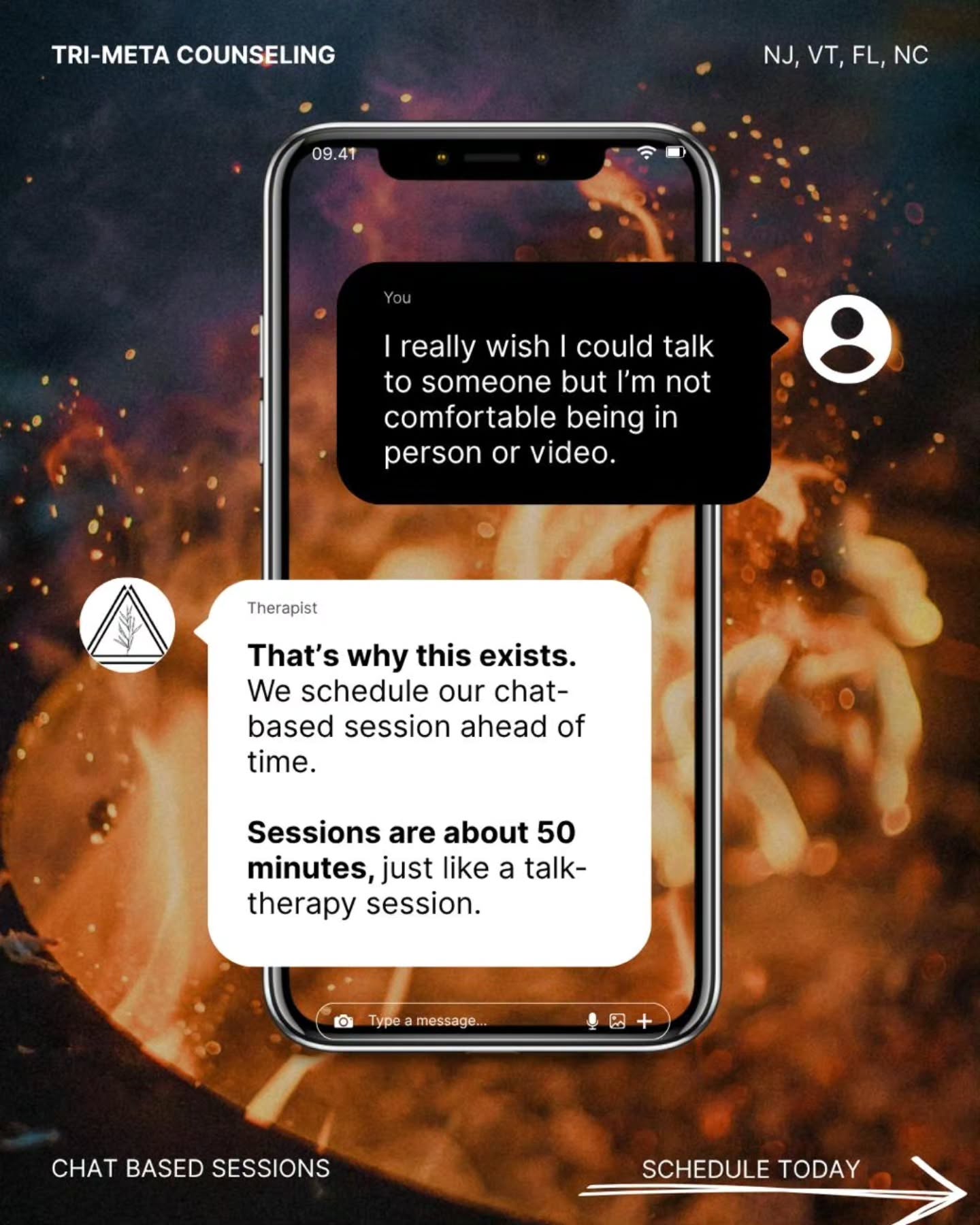 You don't have to show up on camera to show up for yourself. 💬
At Tri-Meta Counseling, we offer scheduled chat-based therapy sessions for clients who may not feel comfortable with traditional in-person or video therapy.
Whether you're navigating anxiety, body image concerns, limited privacy at home, or simply communicate better through writing, chat-based therapy can provide a more accessible way to receive support.
✨ What to know:
• Sessions are scheduled in advance
• Sessions last approximately 50 minutes
• Insurance accepted (BCBS, Cigna, and AmeriHealth)
• Self-pay options available
• Available in NJ, VT, FL, and NC
Therapy doesn't have to look one specific way. The most effective form of support is often the one that feels accessible enough to begin.
📩 Curious if chat-based therapy is a good fit for you? Reach out to learn more or schedule a consultation.