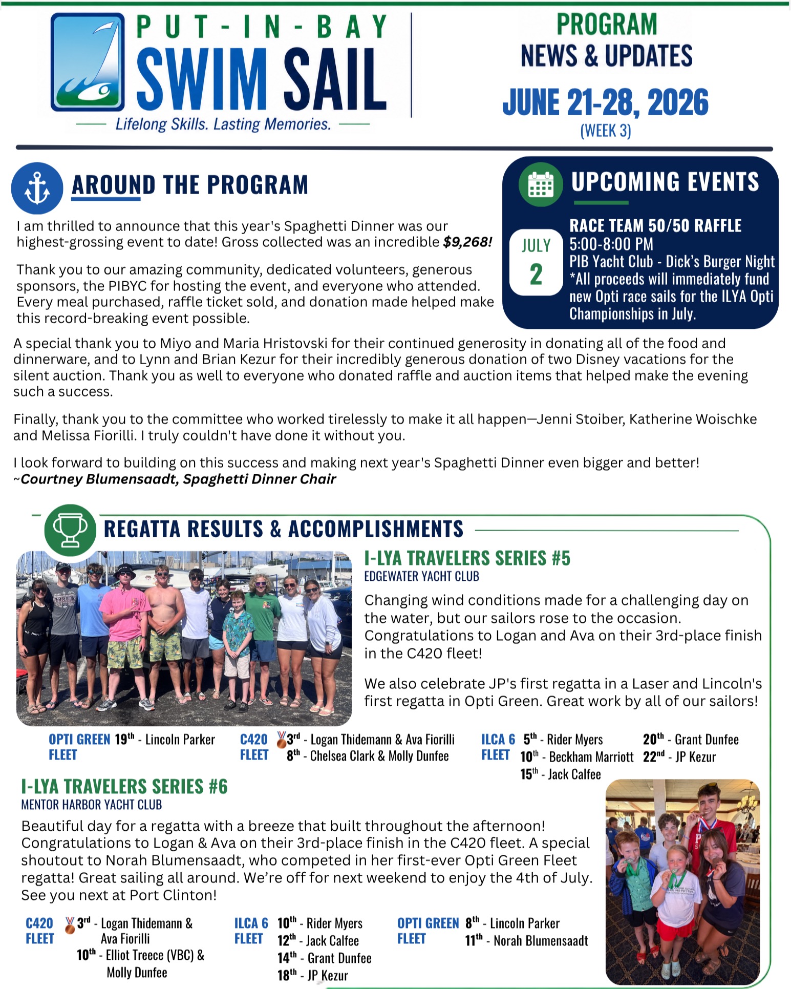 📬 Week 3 Newsletter is Here!
Another great week is in the books! Inside this week's newsletter you'll find class highlights, regatta results, upcoming events, and a recap of our record-breaking Spaghetti Dinner.
📸 This week's photo album has an incredible 452 photos and videos! Thank you to all of our instructors and families for capturing the learning, laughter, and memories happening every day. These albums tell the story of our season, and we absolutely love seeing it through your eyes.
💙 Here's to an amazing Week 4!
#PIBCSS #PutInBay #SwimSail #LakeErie #YouthSailing #SwimLessons #MakingMemories