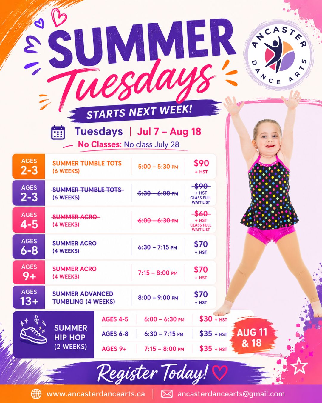 Summer Tuesdays at Ancaster Dance Arts start NEXT WEEK! 🌟
Looking for a fun way to keep your child active, learning, and smiling this summer? Our Tuesday evening dance classes begin next week, and there's still time to join us!
Tuesday Summer Programs
- Tumble Tots (Ages 2–3)
- Acro (Ages 6–8 & 9+)
- Advanced Tumbling (Ages 13+)
🎵 Hip Hop (Ages 4–5, 6–8 & 9+) – Special 2-week sessions on August 11 & 18
⚠️ Please note: No classes on Tuesday, July 28.
Some classes are already FULL with waitlists started, while others have only a few spots remaining. Register now to avoid missing out!
At Ancaster Dance Arts, our summer classes are designed to help dancers:
- Build confidence
- Learn new skills
- Stay active over the summer
- Make new friends in a positive, supportive environment
📍 Located in Ancaster- 1412 Sandhill Drive
🌐 Register today: www.ancasterdancearts.ca
📧 Questions? ancasterdancearts@gmail.com
#AncasterDanceArts #SummerDance #SummerClasses #Ancaster #HamiltonON