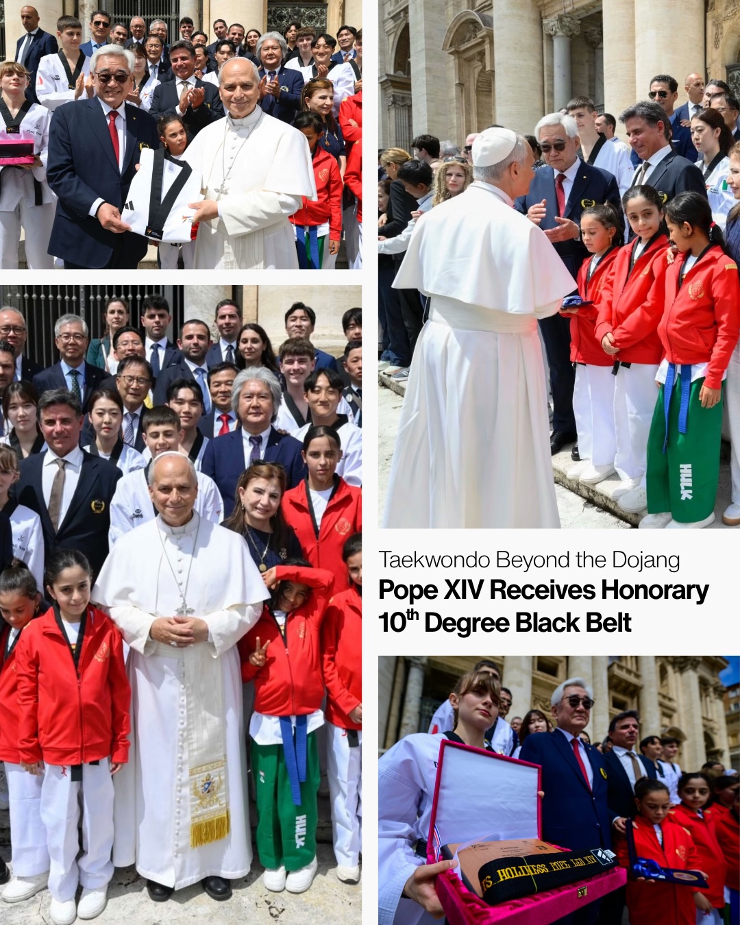 Pope Leo XIV has been awarded an Honorary 10th Dan Black Belt by World Taekwondo. The presentation took place at the Vatican, where the Pope welcomed seven young Syrian refugees who are also Taekwondo athletes.
Character development is an important part of Taekwondo training. Master J’s students not only build physical skill but also learn the importance of serving others and using their talents to make the world a better place.
#taekwondo #worldtaekwondofederation #mastersangwonjeong #martialarts #popeleoxiv