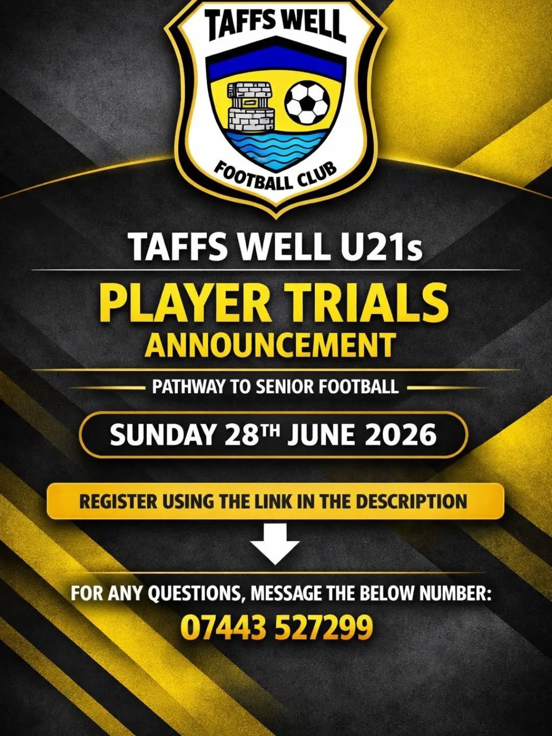 ** This Sunday ***
πππ
π
π ππππ ππππ¬ β ππππππ ππππππ
Weβre inviting players who are ready to take the next step in their development and progress toward senior football. This is a great opportunity to join a focused U21s group with a clear pathway through the club.
π
Sunday 28th June 2026 β 9:45AM
π Moy Rd, Taffβs Well, Cardiff CF15 7SG
π Register here:
https://forms.gle/z5q2cMo3rQeQgvMV7
π For any enquiries, please contact 07443 527299