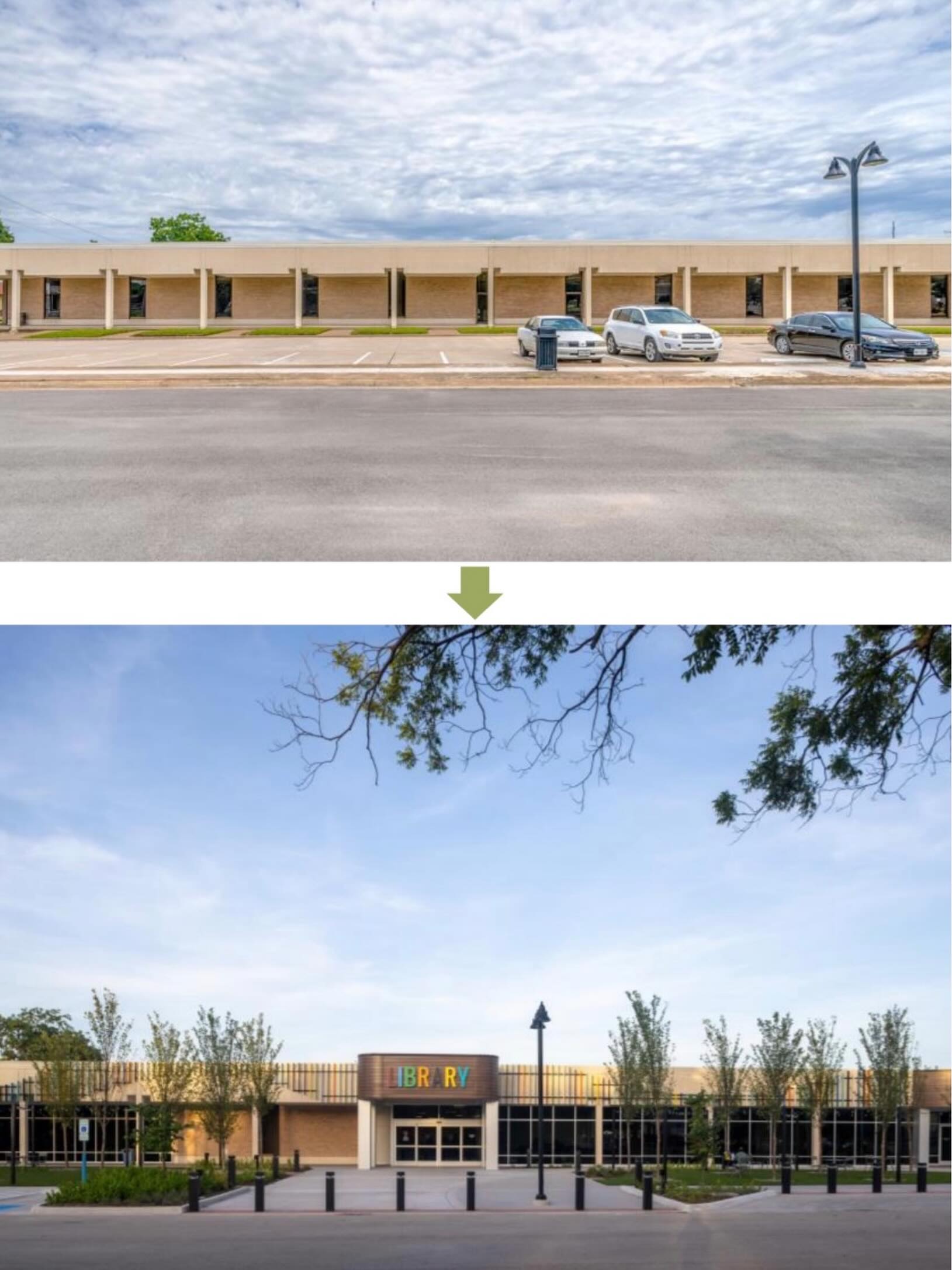 Post 1 of Three: Entry Experience Before & After: Garland Central Library:
720 design began the process of re-imagining a 1970s-era library in early 2021. Opening summer 2025, the library has been transformed into a vibrant, modern civic hub for Garland. The over 60,000 SF renovation of Garland’s oldest and largest library reimagined the building from the inside out—creating a brighter, more welcoming destination designed for how communities use libraries today.
The project introduced a dramatic new entry experience, a refreshed exterior, improved transparency and sightlines, expanded spaces for gathering and learning, and new destinations for children, teens, makerspace activities, and community programming. More than a renovation, this was a strategic reinvention of a beloved public building to better serve Garland for decades to come.
And the community response has been immediate: since reopening, the library has seen a 120% increase in circulation, underscoring the power of thoughtful design to transform not just a building, but the way a community uses it.
#BeforeAndAfter #GarlandCentralLibrary #LibraryDesign #PublicLibraryDesign #CommunityImpact CivicArchitecture LibraryRenovation 720design