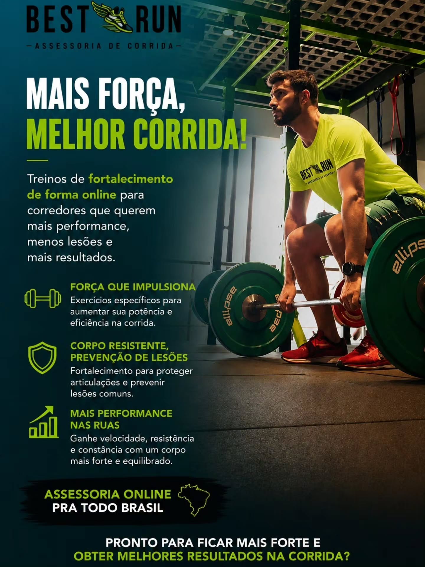 Correr mais não é o suficiente. Para evoluir, é preciso fortalecer.
O fortalecimento é um dos maiores aliados do corredor para melhorar o desempenho e reduzir o risco de lesões.
Na Best Run, você conta com um programa de fortalecimento online, pensado especialmente para quem quer:
✔️ Mais performance na corrida
✔️ Prevenção de lesões
✔️ Mais força, estabilidade e resistência
✔️ Melhor economia de corrida e resultados consistentes
Invista no seu corpo para correr mais forte, com mais segurança e por muito mais tempo.
💚 Pronto para ficar mais forte e obter melhores resultados na corrida? Fale com a Best Run e comece hoje!
#corridainiciantes #fortalecimento #treinodeforça #corridaderuabrasil #corridaderua