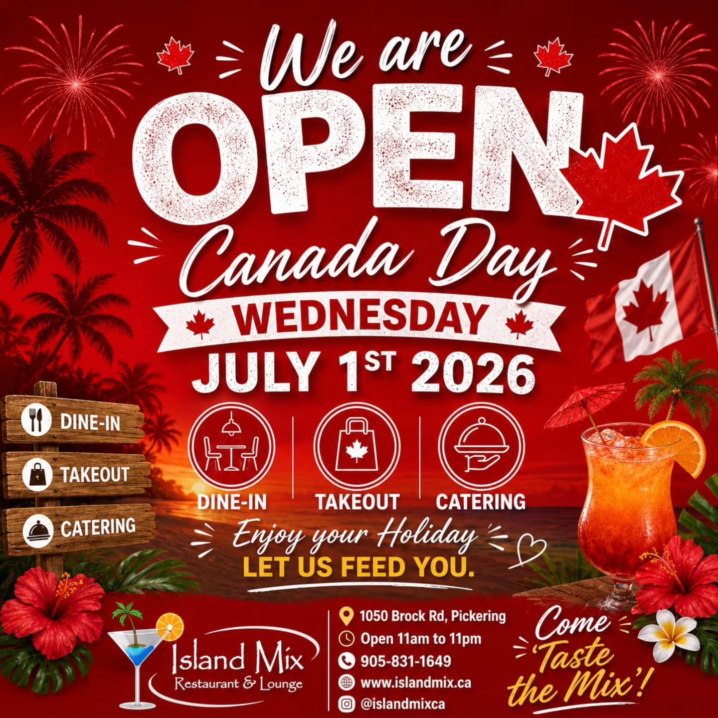 ๐จ๐ฆ We're OPEN this Canada Day! ๐จ๐ฆ
Celebrate Canada Day on Wednesday, July 1, 2026 with your favourite Caribbean flavours at Island Mix Restaurant & Lounge!
๐ฝ๏ธ Dine-In
๐ฅก Takeout
๐ Catering Available
Skip the cooking and enjoy your holidayโlet us feed you!
๐ 1050 Brock Rd, Pickering
๐ Open 11:00 AM โ 11:00 PM
๐ 905-831-1649
๐ www.islandmix.ca
๐ฒ Follow us: @islandmixca
Bring your family and friends and Come "Taste the Mix!" ๐ด๐น
#TasteTheMix #DineIn #Takeout #Catering #CanadaDay2026
