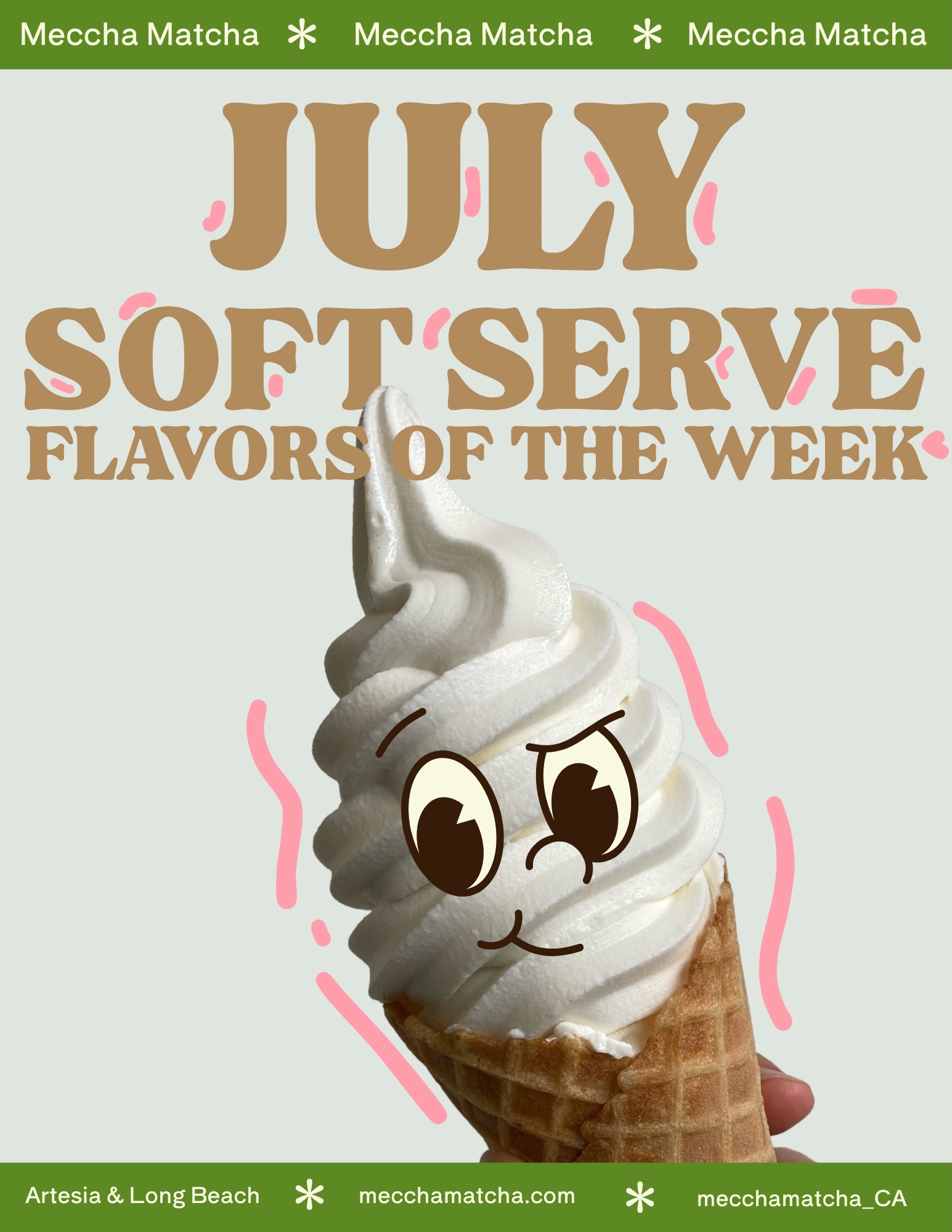 👀 Did you catch our last post? Here’s what it looks like in action:
Swipe through to see this month’s weekly flavor rotations and let us know which one you’re excited for!
Page 2: soft serve flavors that you can mix with Matcha Level 1
Pages 3-6: Long Beach’s weekly flavor rotation. Check for the dates 😯