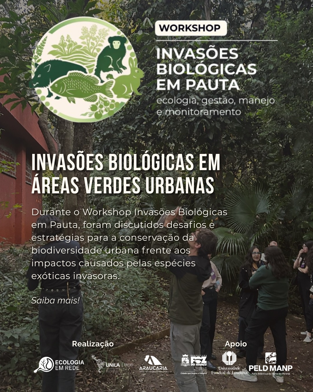 🌿 Como proteger a biodiversidade urbana das espécies exóticas invasoras? 🌿
Esse foi o foco do Workshop Invasões Biológicas em Pauta, que debateu estratégias de ecologia, gestão e monitoramento para as nossas áreas verdes.
Foram realizadas visitas técnicas no Parque Monjolo e no Bosque Guarani, em Foz do Iguaçu, identificando o avanço de espécies como a Leucena e a Zebrina. A partir desses estudos de caso, foram discutidas os desafios e estratégias, que vão desde políticas públicas e manejo de APPs até o controle de plantas ornamentais e ambientes aquáticos.
Unir ciência, gestão pública e comunidade é o que faz a diferença! 🤝
📋 Novidade vindo aí: Um resumo detalhado do workshop será lançado em breve em formato de nota técnica. Fique de olho na página para não perder!
Texto/Design: Charlie Lara
#invasõesbiológicas #meioambiente #biodiversidade #ecologia #conservação