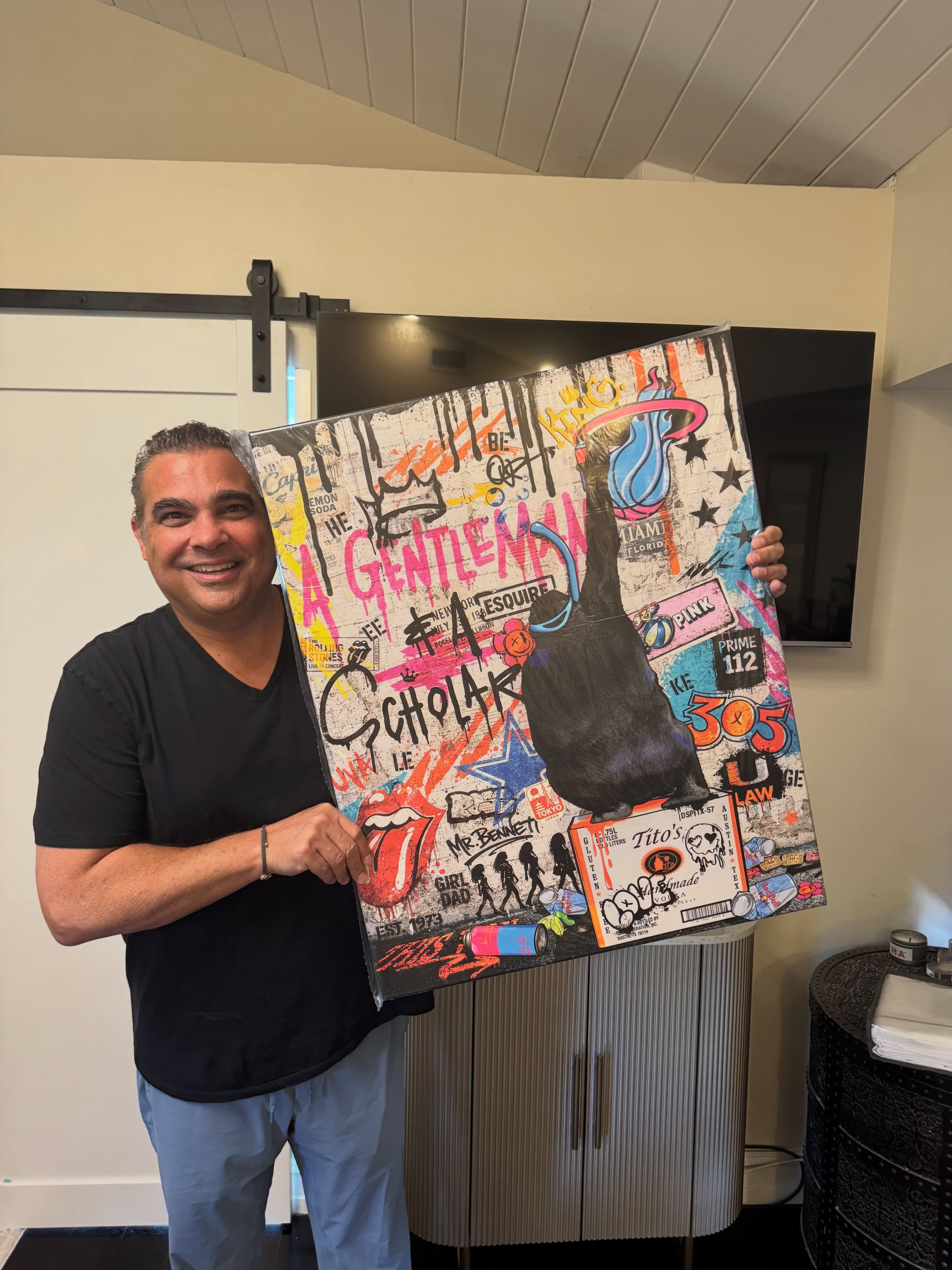 One of my favorite commissions ever! Thank you @kerriegozi for trusting me with this piece! It was so much fun to create!
At first look, it’s bold color and visual dopamine. But when you look closer it is packed with personal breadcrumbs.
Favorite places.
Favorite brands.
Music.
Names.
Hidden easter eggs only he would understand.
It’s basically art with personality. I’m so happy he loved it!!! 🩷🩷🩷