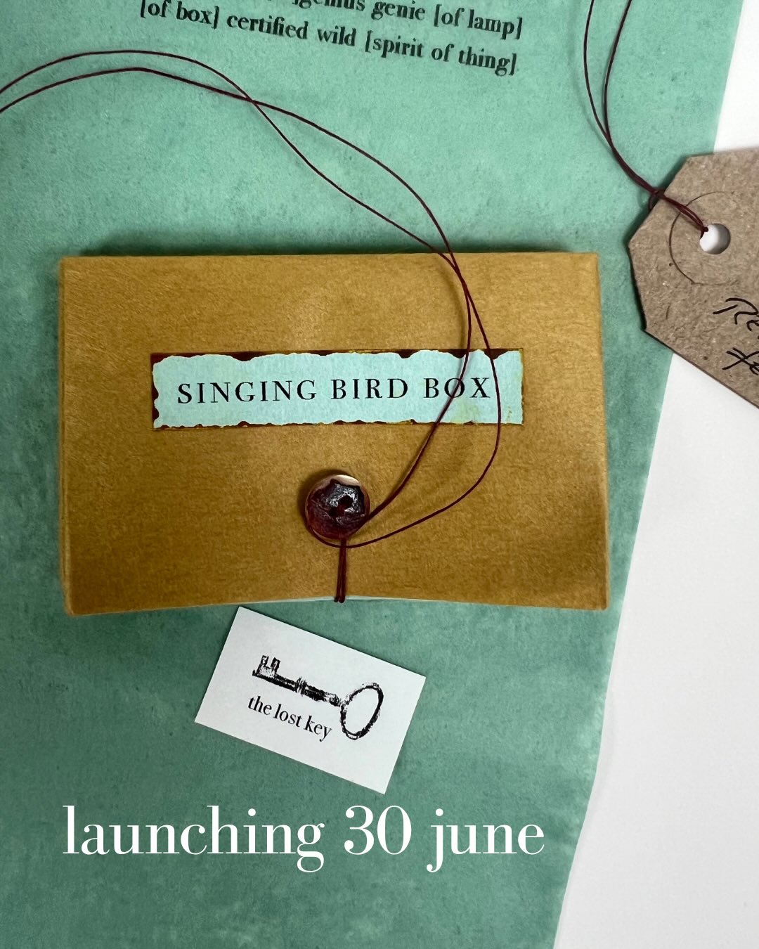 New launch! 30 June with Small Birds Press.
Singing Bird Box by May Dearlove is an intimate, intricate folded poem of many parts developed as an edition by May with the press from her one-off original of the same name. A folded ‘blizzard book’, so named by Hedi Klum, contains three poemlets – ‘A Domestic Trapping’, ‘Inner Workings’ and ‘Taking Flight’ – each on a different paper, and is itself wrapped in a poem on feathery tissue, with other elements waiting to be discovered in the outer black box.
Its techniques include hand-cutting and folding, individual watercolouring, a reproduced hand-drawing, sewing with linen binding thread and methods of printing on to tissue paper developed specially for this work by Small Birds Press. Papers include Japanese Moriki Kozo and Satogami, and Zerkall Smooth 100gsm – an endangered paper, since the Zerkall paper mill closed.
Each folded box 80 x 110mm in outer box measuring 94 x 142 mm / edition of 12
🪶Link in bio
Images:
1. Gold-coloured folded paper ‘book’ with mint title label, ‘the lost key’ swatch, luggage tag just seen.
2. Black box with title on mint with gold paper surround, folded book in front, secured with a button and thread.
3. Book held open showing poemlets on mint paper and hand-coloured in ochre on white.
4. Open boxes reveal printed tissue paper.
5. The three inserts, with ‘Taking Flight’ on printed tissue.