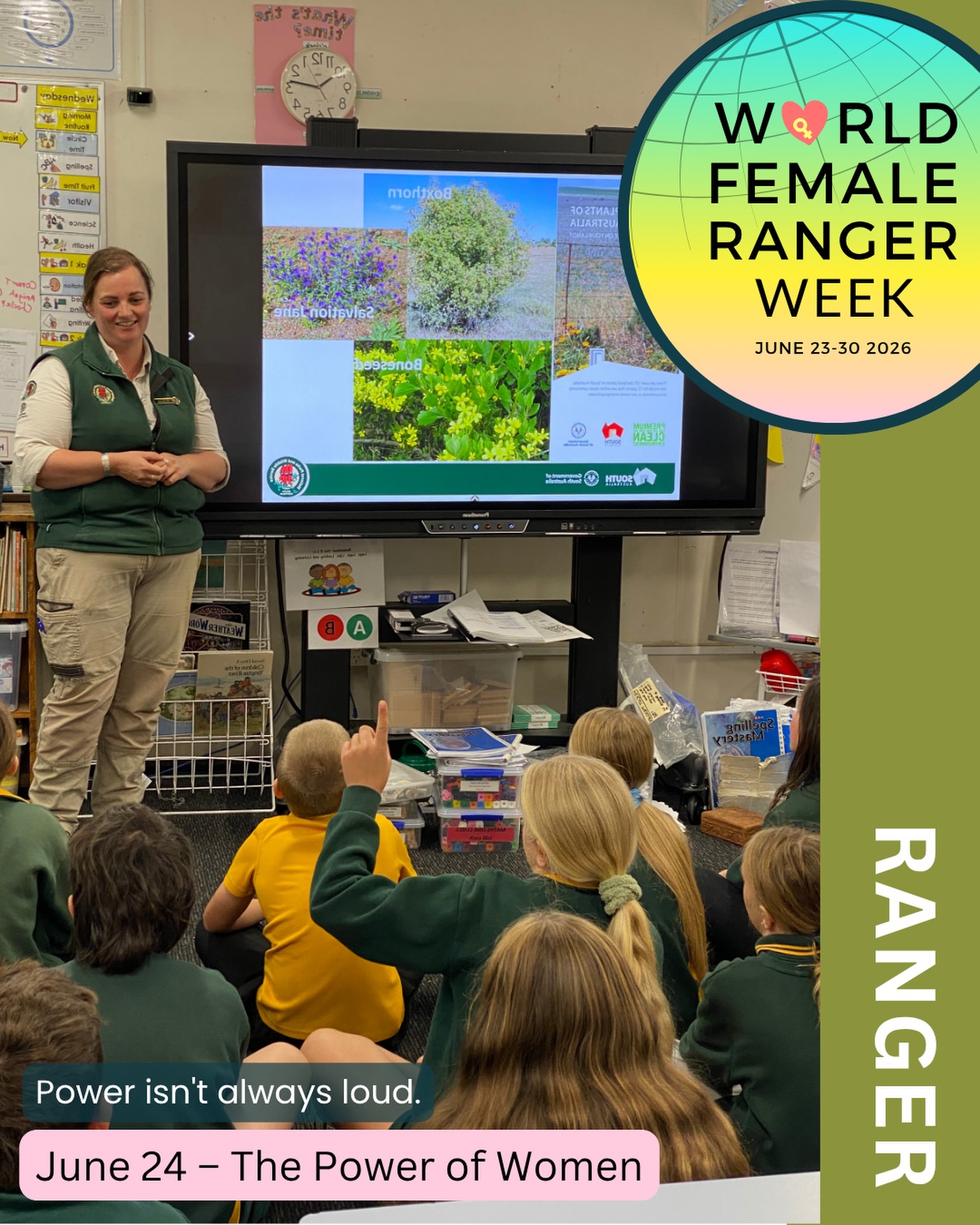 💪 World Female Ranger Week – Day 2
The Power of Women
Sometimes changing the future starts with a conversation.
I’ve known Ellie since 2014 when we were both part of the same graduate ranger intake in South Australia. Even back then, she had a natural ability to connect with people.
Over the years I’ve watched her become not only an outstanding ranger, but also a passionate educator, community advocate and volunteer. Whether she’s caring for the parks she manages, supporting local initiatives in her own time, or sharing her knowledge with others, Ellie has always understood that conservation is about people as much as places.
This photo captures something I love about ranger work.
A ranger standing in front of a classroom.
A young girl with her hand raised.
A conversation beginning.
We often talk about the power of women in conservation in terms of leadership, achievements or breaking barriers. Those things matter. But some of the most powerful moments happen quietly.
A child learns about nature.
A question gets asked.
A possibility takes shape.
Maybe one day that young girl will become a ranger herself. Maybe she won’t. But she will grow up knowing that women belong in conservation, leadership and environmental stewardship.
And sometimes that’s where real change begins.
@worldfemalerangerweek
#WorldFemaleRangerWeek #ThePowerOfWomen #FemaleRangers #OceaniaRangers #GuardiansOfHopeFilm ThinGreenLineFoundation InternationalRangerFederation PAWA