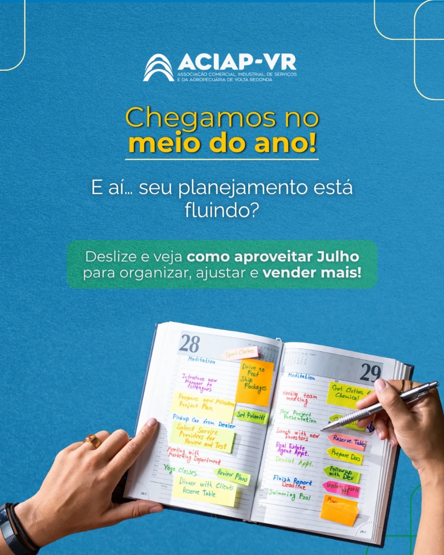 📅 Metade do ano já ficou para trás. E agora?
Julho é aquele momento estratégico para olhar para o que foi feito, ajustar o que for necessário e seguir em frente com mais clareza. Afinal, planejar não é apenas definir metas — é acompanhar, corrigir rotas e aproveitar as oportunidades que surgem ao longo do caminho.
Empresas que revisam seus processos, analisam resultados e se preparam para os próximos meses saem na frente. 🚀
Que tal aproveitar este mês para:
✔️ Revisar suas estratégias
✔️ Reorganizar prioridades
✔️ Fortalecer a conexão com seus clientes
✔️ Planejar ações para o segundo semestre
Lembre-se: o mercado está em constante movimento, e quem se adapta com planejamento e visão tem mais chances de crescer e se destacar.
💬 E você, qual é a principal meta do seu negócio para os próximos meses?
#ACIAPVR #Empreendedorismo #GestãoEmpresarial #PlanejamentoEstratégico #Negócios
