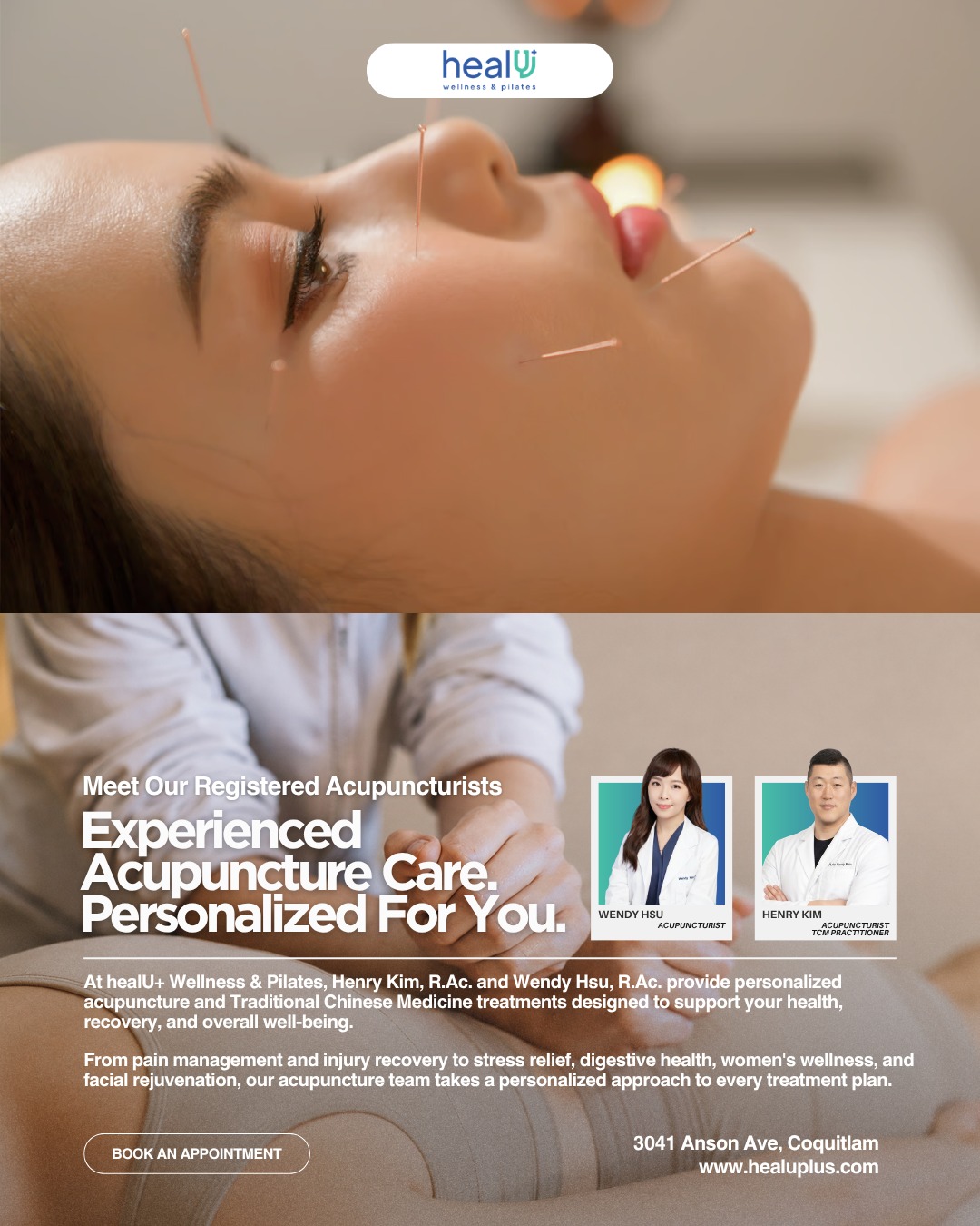 ✨ Meet Our Acupuncture Team ✨
At healU+ Wellness & Pilates, our acupuncture team combines Traditional Chinese Medicine with personalized, patient-centered care to help you feel your best.
Whether you're recovering from an injury, managing chronic pain, addressing stress, improving digestion, or looking to support your overall wellness, our practitioners take the time to understand your unique health concerns and create treatment plans tailored to your needs.
🌿 Henry Kim, R.Ac.
Specializing in pain management, injury recovery, digestive health, and chronic conditions, Henry combines acupuncture with electro-acupuncture, cupping, moxibustion, Tui-Na, Gua-Sha, and ear acupuncture to support healing and restore balance.
🌿 Wendy Hsu, R.Ac.
With over 15 years of healthcare experience, Wendy blends Traditional Chinese Medicine with a compassionate approach to care. Her areas of interest include women's health, stress management, pain relief, facial rejuvenation, and overall wellness.
Together, our acupuncture team is dedicated to helping patients:
✔ Reduce pain and tension
✔ Support injury recovery
✔ Improve mobility and function
✔ Manage stress and fatigue
✔ Enhance overall well-being
✔ Restore balance naturally
✨ Personalized Care. Traditional Wisdom. Modern Wellness.
📍 healU+ Wellness & Pilates
3041 Anson Ave #202, Coquitlam
📞 (604) 475-8275
🌐 www.healuplus.com
#HealUPlus #Acupuncture #TraditionalChineseMedicine #RegisteredAcupuncturist #AcupunctureCare #PainRelief #InjuryRecovery #StressManagement #DigestiveHealth #WomensHealth #FacialAcupuncture #CuppingTherapy #CoquitlamAcupuncture #TriCitiesWellness #HolisticHealth
