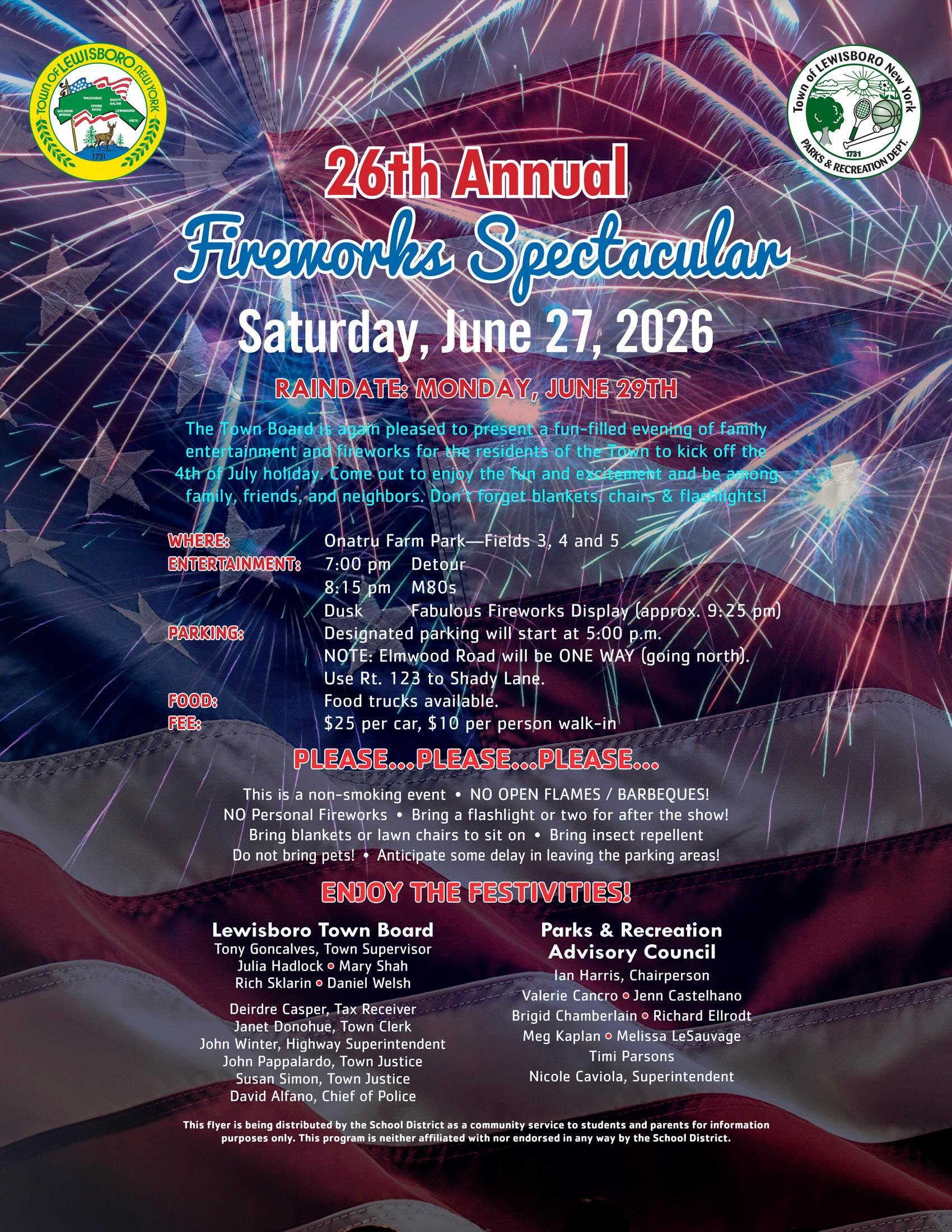 Fireworks Spectacular is THIS Saturday, June 27th at Onatru Farm Park 🎆🇺🇸
UPDATE to $10 Walk-In fee: We will allow residents who live on Elmwood Rd and certain neighboring roads off Elmwood to walk into the event. These residents must provide proof of residency and will be charged a flat family rate of $25. This rate applies ONLY to members of the immediate family. Any other friends or extended family members will be required to pay $10 per person.
Visit Town Historian Maureen Koehl’s tent to check up on some of Lewisboro’s Faces of the Past, and peruse old maps, photos and postcards!
Music 🎶 and Food Trucks
@pizzavitale
@scottyseggrolls
@leilascrepestation
@beebebbq
@kisco_sweetsntreats
@m80s_ny
