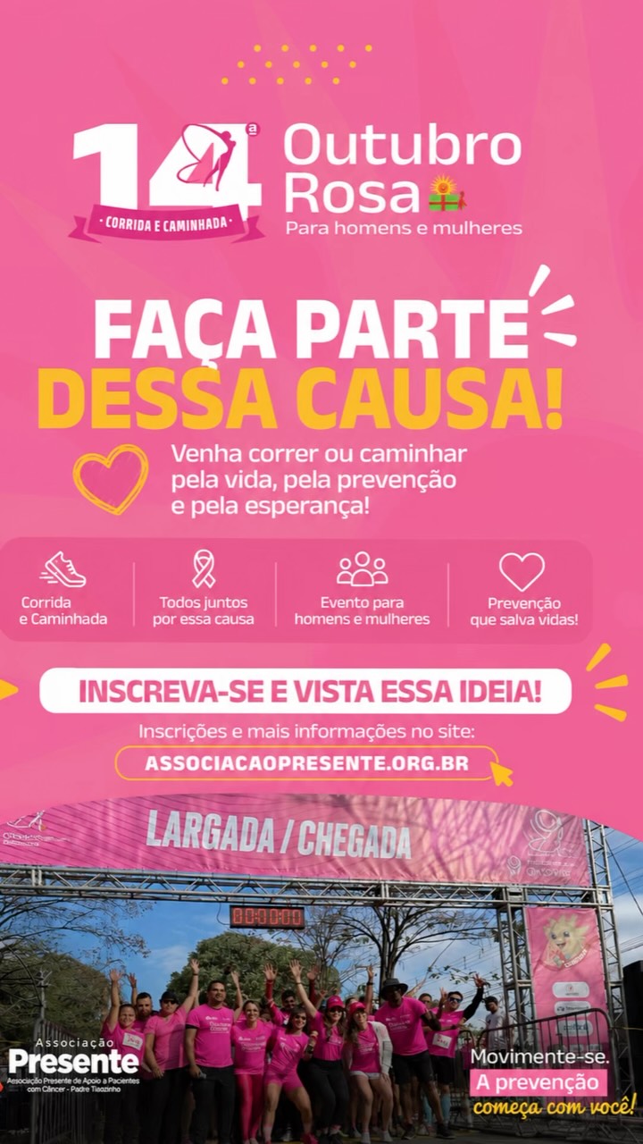 🏃♀️💖 O tempo está correndo… e o lote promocional também!
Garanta sua participação na 14ª Corrida Outubro Rosa da Associação Presente com valor promocional até o dia 30 de junho. ⏳
Mais do que uma corrida, este é um momento de união, conscientização e apoio à luta contra o câncer. Reúna a família, convide os amigos e venha viver essa experiência especial conosco.
📅 18 de outubro
⏰ A partir das 6h30
📍 Parque Municipal de Montes Claros
Faça sua inscrição pelo nosso site ou pelo link da bio e venha fazer parte dessa corrente do bem! 💕🎗️