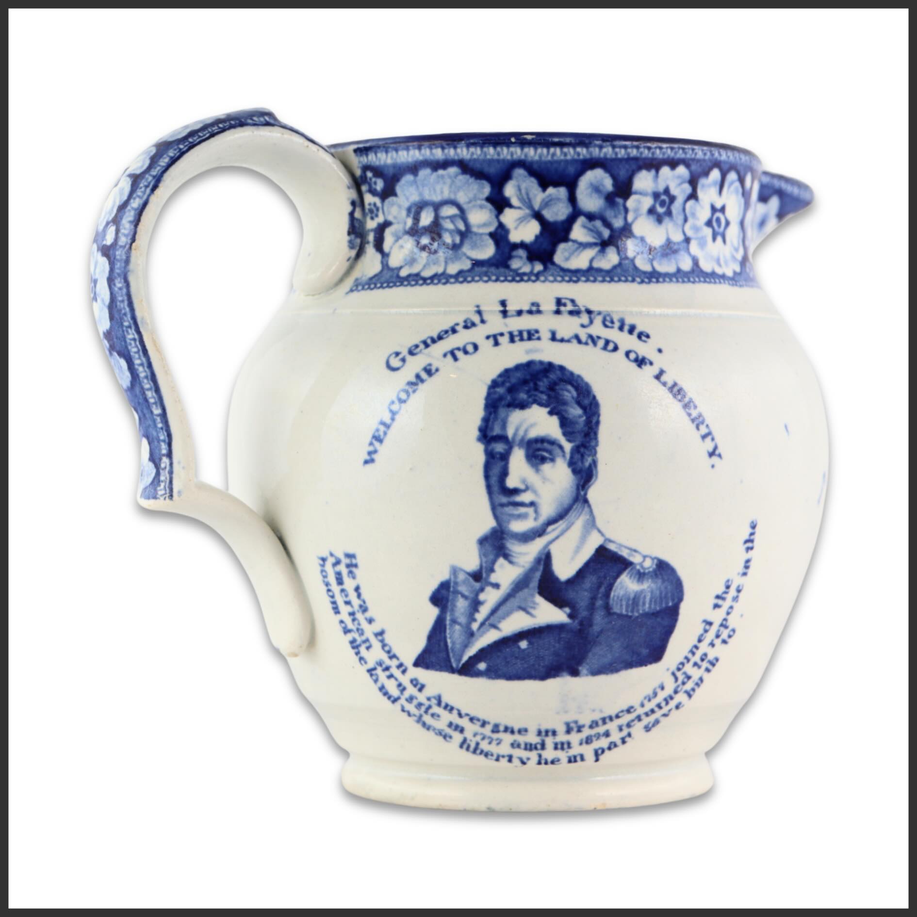Now featured in Independence Unfolded: America at 250, available through July 17.
A rare blue transfer-printed historical Staffordshire pitcher commemorating Lafayette’s celebrated return to the United States in 1824–1825. The principal decoration centers on a bust portrait beneath the arched inscription “General La Fayette / Welcome to the Land of Liberty,” reflecting the extraordinary public enthusiasm that greeted the Revolutionary War hero during his triumphal tour of the nation.
Of particular note, the present example is the scarce three-portrait variant, with additional transfer portraits decorating the opposing sides and beneath the spout—an unusually elaborate treatment among Lafayette commemorative wares. Produced at the height of the national celebrations, it stands as a compelling expression of the admiration accorded Lafayette as one of the last living figures of the American Revolution.
Exhibited: Bienvenue au Général Lafayette, The Cabildo, April 9, 2025 – January 18, 2026.
View the complete catalog via the link in our bio.
#Gallery76Americana #Lafayette #Staffordshire #Americana #America250