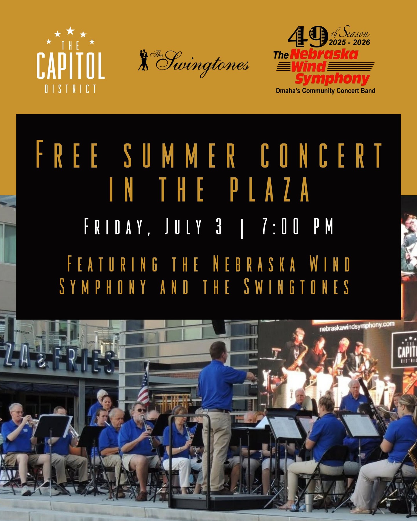 Live music, good food, and great company? We can't imagine anything better! Join us next Friday, July 3rd for a free outdoor concert in the Plaza, featuring the Nebraska Wind Symphony and the Swingtones. @nebraskawinds
From wind band and jazz favorites to patriotic classics, it's the perfect excuse to grab dinner, meet up with friends, and enjoy a great night of live music downtown.
๐ Capitol District Plaza
๐
Friday, July 3
๐ 7โ9 PM
Bring a chair, grab a drink or a bite to eat from the District, and settle in for an evening of music under the open sky!