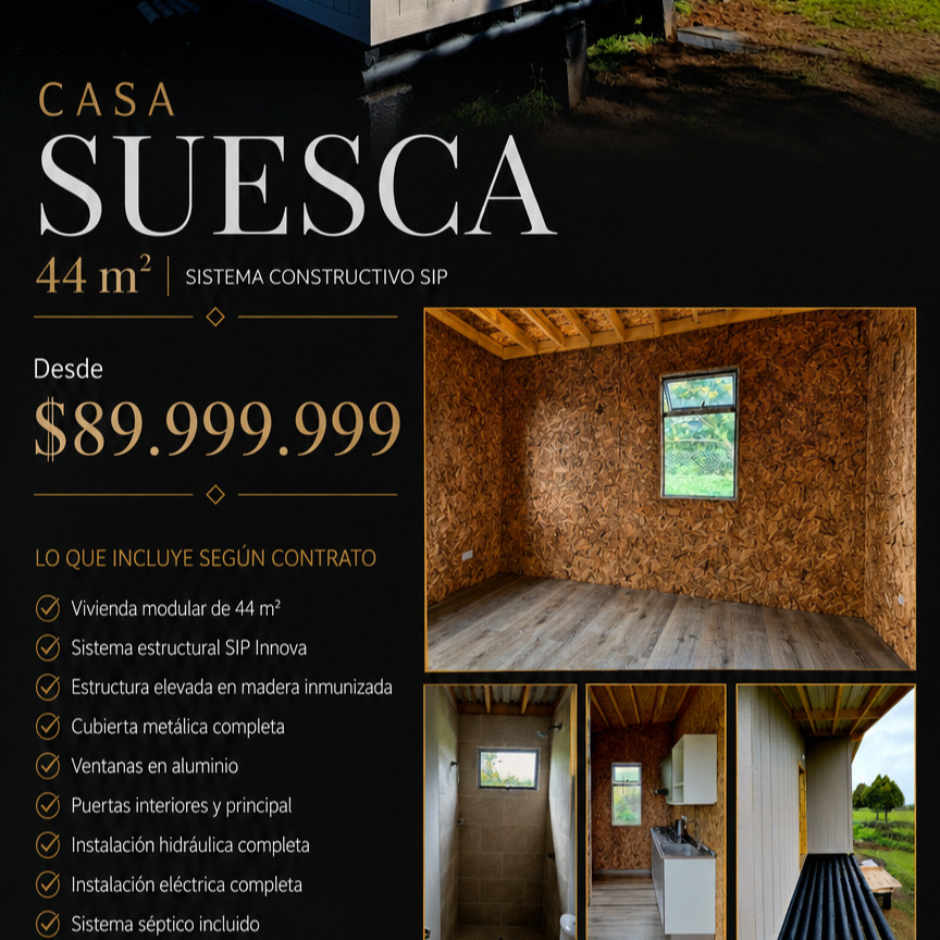 CASA SUESCA | 44 m² 🏡✨
Diseñada para quienes buscan una vivienda rural moderna, funcional y construida con estándares profesionales.
Una solución habitacional en sistema SIP que combina eficiencia térmica, rapidez constructiva y acabados de alta calidad, ideal para finca, parcela, proyecto turístico o vivienda permanente.
Desde $89.999.999
✔ 44 m² construidos
✔ Sistema constructivo SIP de alto desempeño
✔ Estructura elevada en madera inmunizada
✔ Cubierta metálica completa
✔ Ventanas en aluminio
✔ Instalaciones hidráulicas y eléctricas completas
✔ Sistema séptico incluido
✔ Transporte e instalación en obra
✔ Deck exterior en madera
🔒 Respaldo total mediante contrato legal de suministro, transporte e instalación.
📍 Disponible para proyectos en Cundinamarca y otras regiones del país.
📞 315 760 5158
📞 310 586 1239
INNOVA SIP ECO-CONSTRUCCIONES
Construimos espacios que perduran.
#CasaSuesca #InnovaSIP #ConstruccionSIP #CasaModular #ViviendaRural #ArquitecturaModerna #TinyHouseColombia #CabañasModernas #ConstruccionIndustrializada #EcoConstruccion #ArquitecturaColombia #ViviendaCampestre #SistemaSIP #CasasPrefabricadas #DiseñoArquitectonico #ConstruccionColombia #ViveEnLaNaturaleza #CasasCampestres #ProyectoRural #InnovaSIPConstrucciones