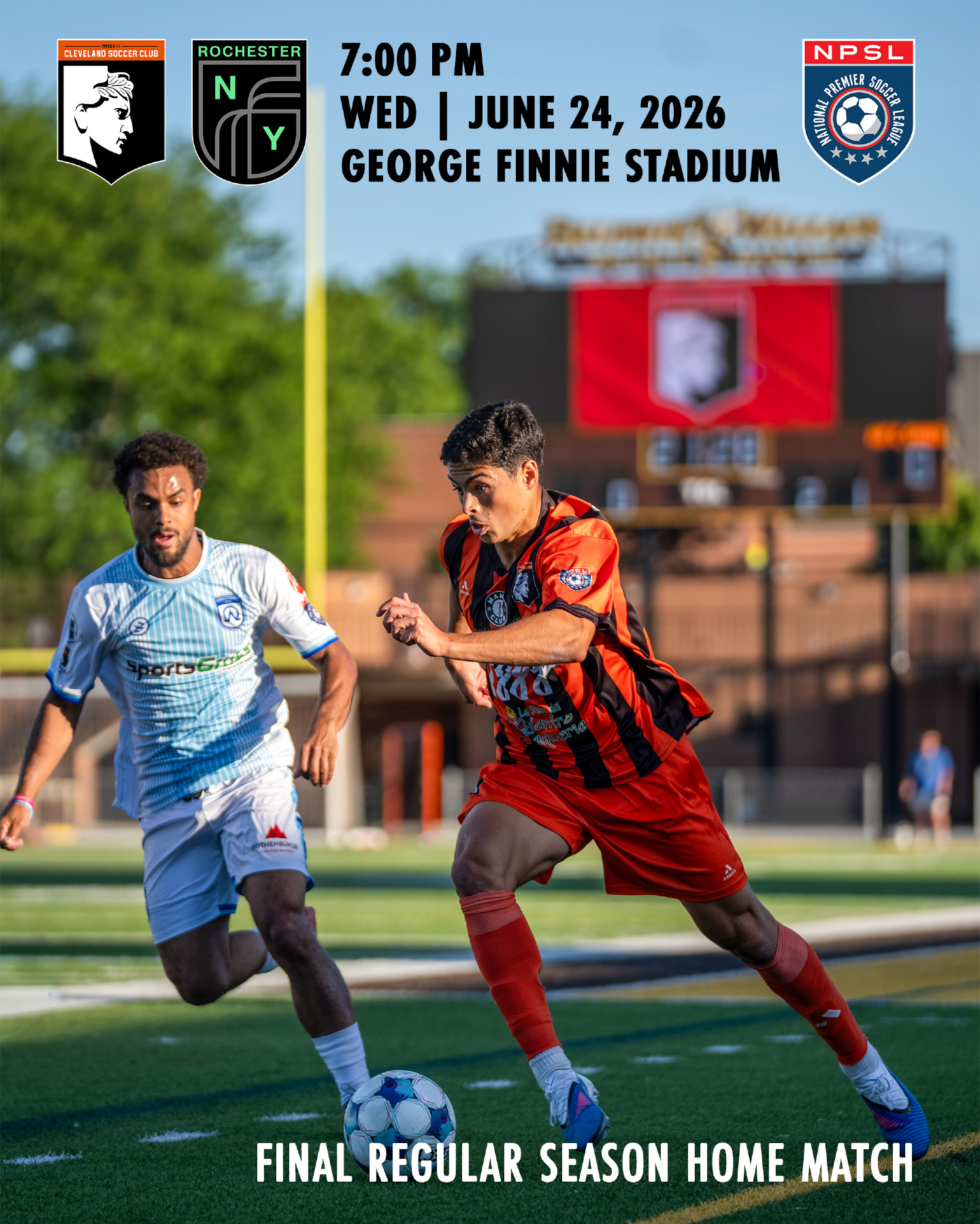 Final regular season home match.
Wednesday night, we’re back at George Finnie Stadium for one last regular season home test as we take on Rochester NY FC.
Be there, bring the energy, and help push the boys through the final stretch.
🎟️ Tickets: https://www.clevelandsc.com/event-details-registration/cleveland-sc-vs-rochester-ny-fc-2026
#WeAreCLE