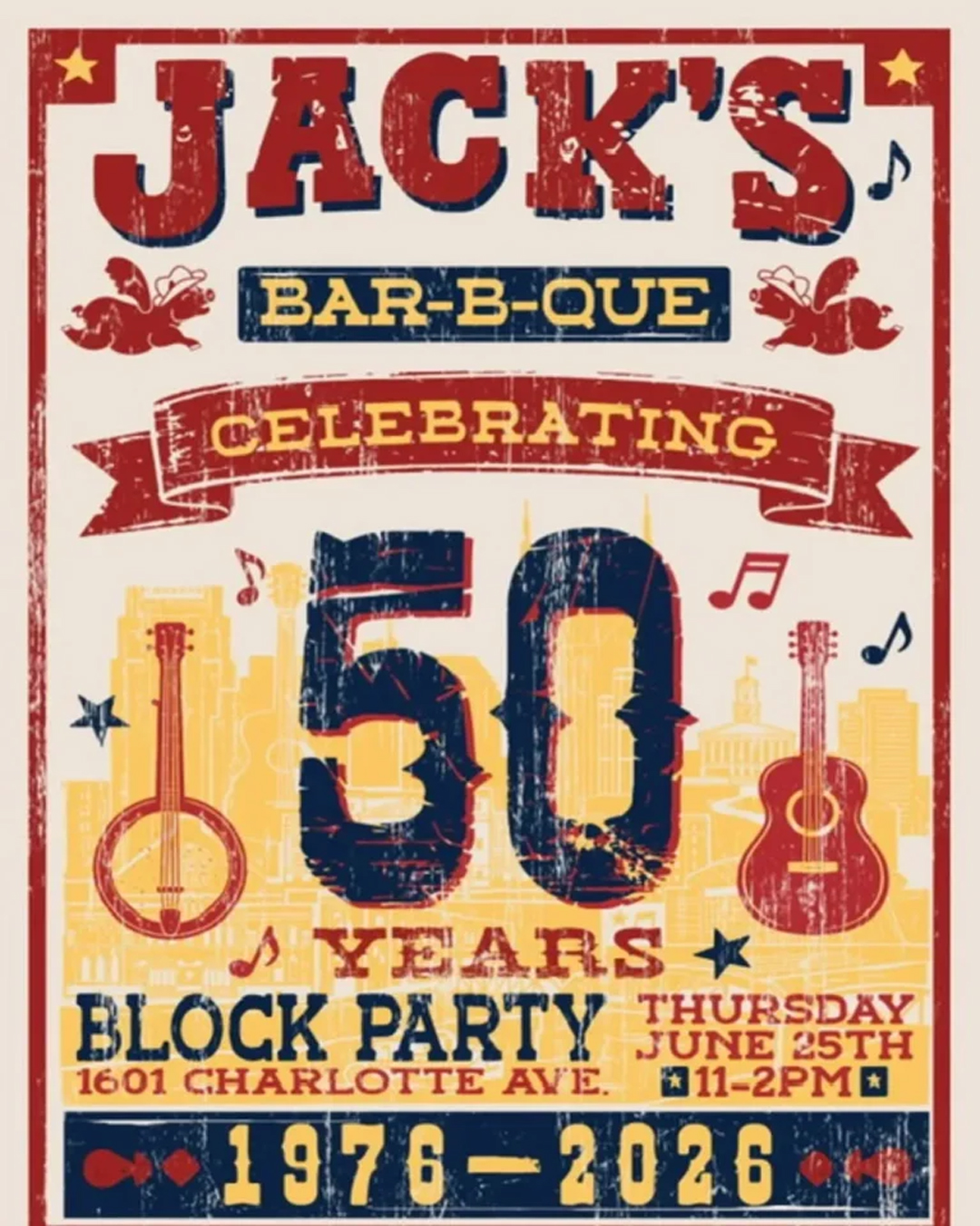 Our longtime neighbor and eternal friend, @jacksbarbque is celebrating their 50th anniversary!!! They will be marking the occasion in style with a free block party at their Charlotte Avenue location. The event is FREE and OPEN to the public. The festivities kick off at 11am and go til 2pm. Head on over and show some support and help celebrate with a true Nashville and Broadway legend.
#jacksbbq #50years #anniversary #jackcawthon #broadwaylegend