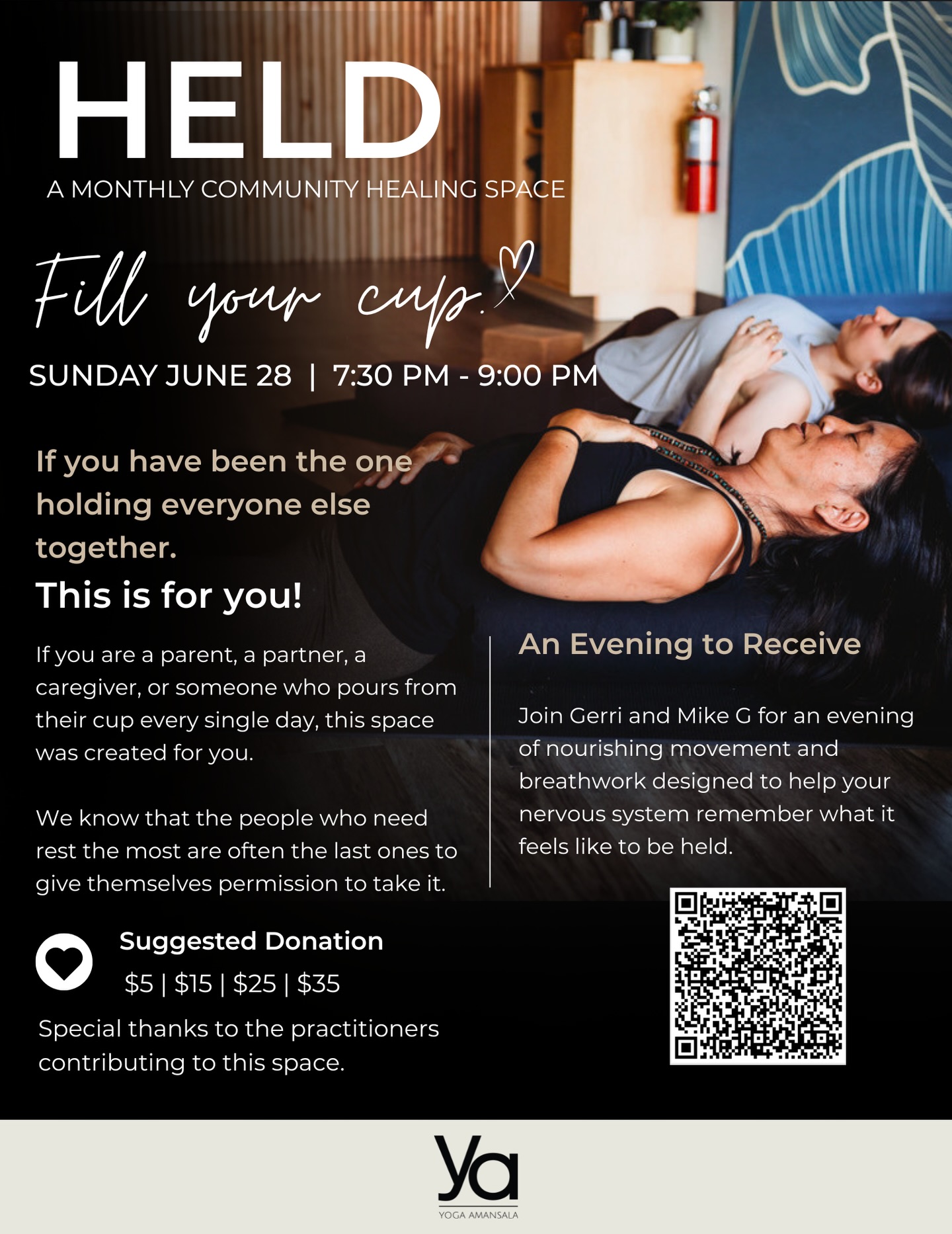 HELD June Offering | Fill Your Cup
🗓️ Sun 6/28 7:30 PM - 9:00 PM
📍 ya | 1215 Park Street Alameda
If you are a parent, a partner, a caregiver, or someone who pours from their cup every single day, this space was created fo you. We know that the people who need rest the most are often the last ones to give themselves permission to take it.
Join Gerri and Mike for an evening of nourishing movement and breathwork designed to help your nervous system remember what it feels like to be held.
Sliding Scale | Pay Your Season
$5 — In a season of need
$15 — In a season of enough
$25 — In a season of abundance
$35 — I’m able to give back
No one is turned away for lack of funds. Ever. Just reach out.
To register >> https://www.yogaamansala.com/workshop-calendar
#alameda #bayareayogastudios #yogaalameda #yogaamansala