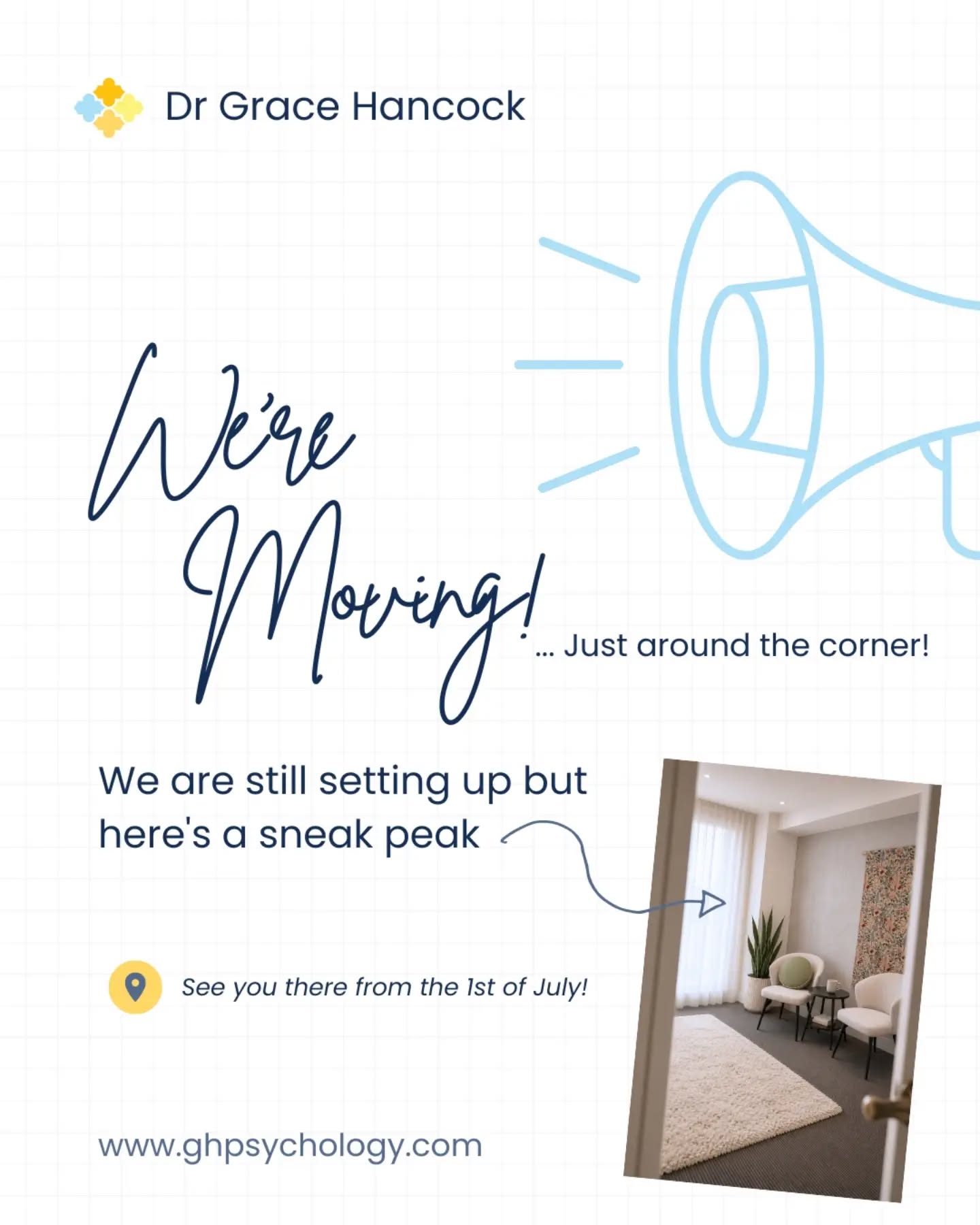 We are moving...just around the corner!
Emails have been sent to families with upcoming appointments. All other families in our database, and our lovely network of referers, will be emailed details this week 🤗
Note: Peer group sessions will continue to be run from the same Laverton clinic.
All our contact details will remain the same.
Questions? Please email us at admin@ghpsychology.com