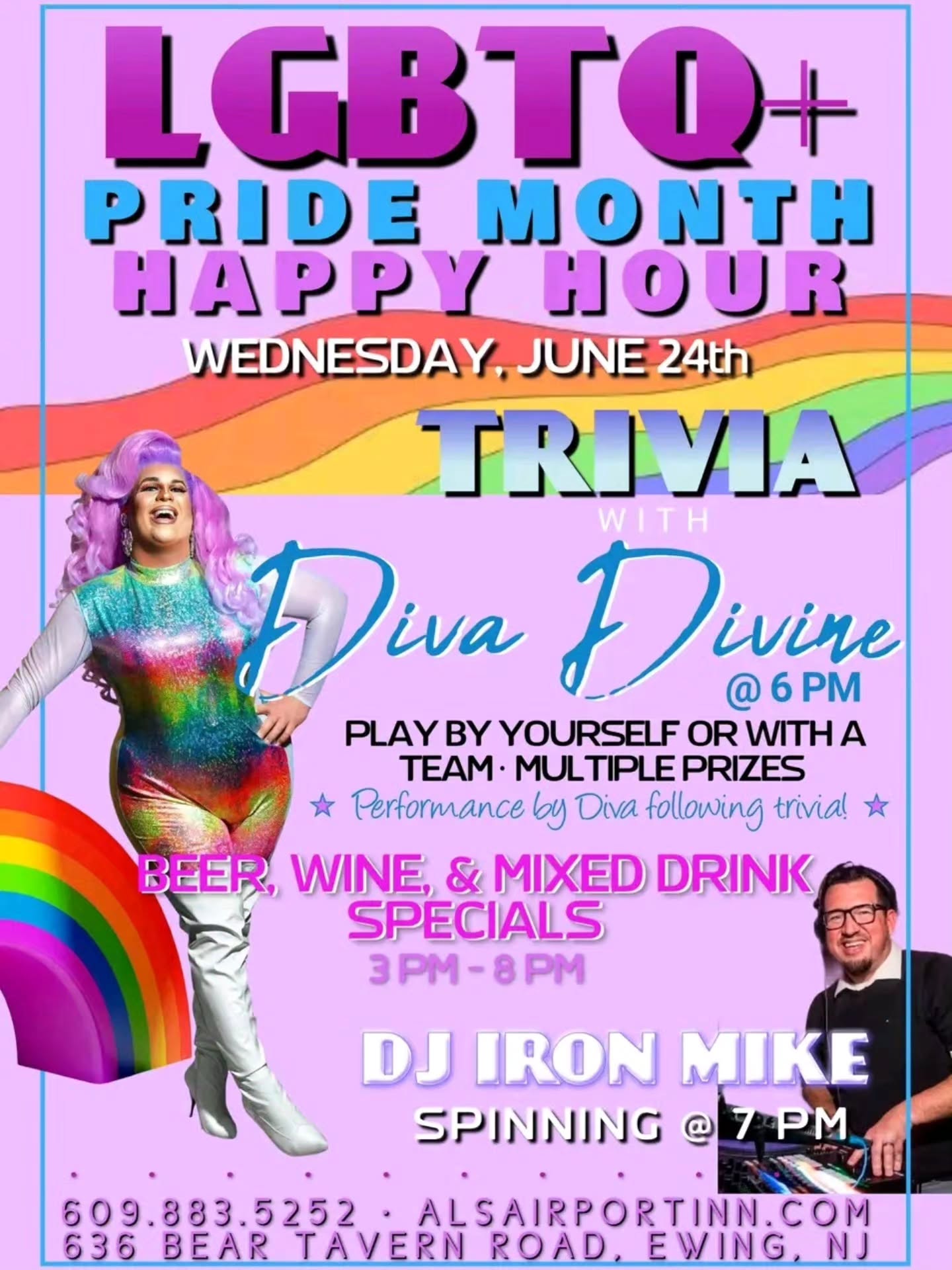 🌈 PRIDE MONTH CELEBRATION TODAY AT AL'S AIRPORT INN! 🌈
🎉 Happy Hour Drink Specials
👑 Pride Trivia at 6 PM with Diva Divine Monroe followed by a fabulous performance
🎧 DJ Iron Mike spinning your favorites
Whether you're coming to test your trivia knowledge, enjoy great drink specials, dance to the music, or celebrate Pride with friends, there's something for everyone at Al's!
ALL are welcome as we continue to celebrate love, diversity, and inclusion throughout Pride Month. ❤️🧡💛💚💙💜