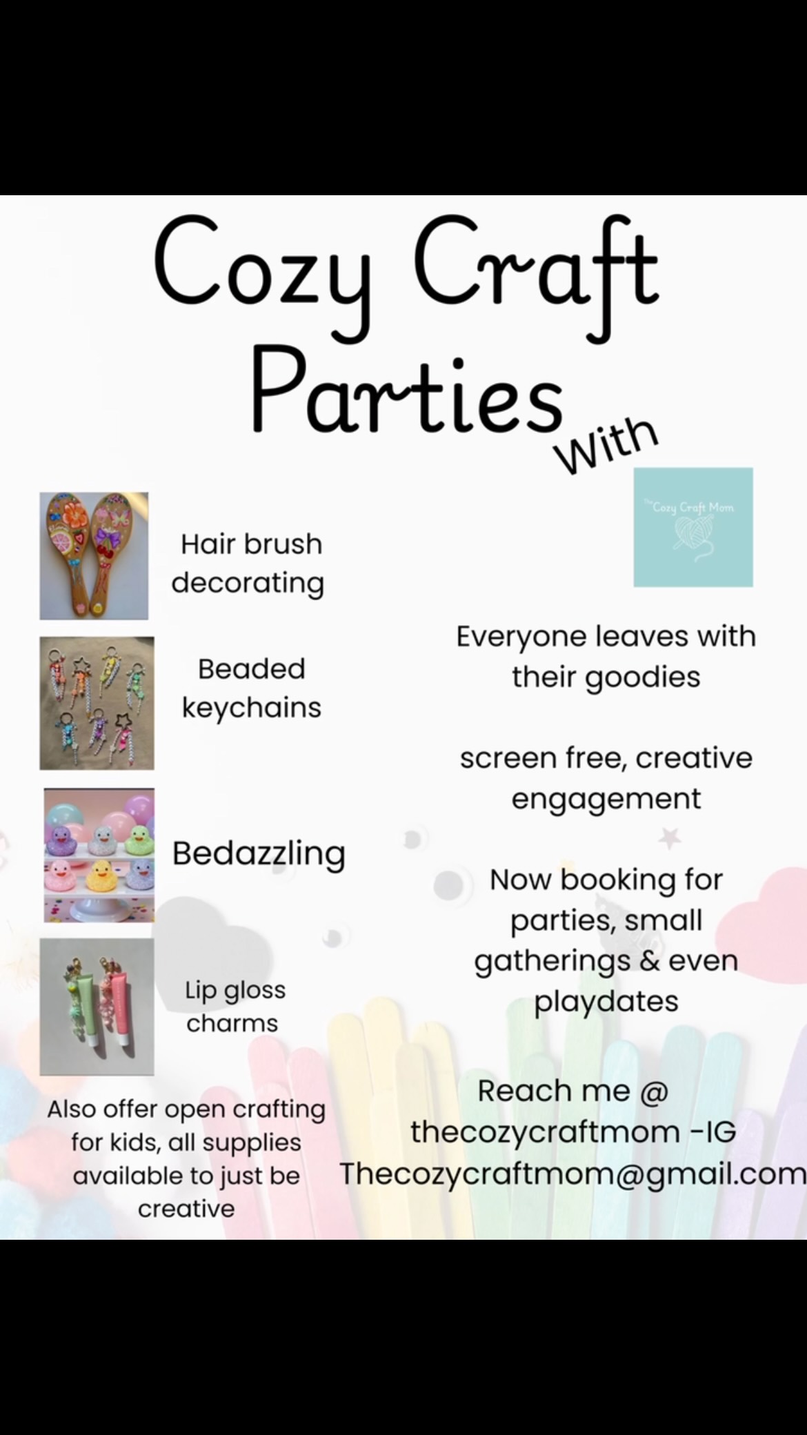 I offer crafting for parties, small gatherings and playdates! In the community or at your home and all supplies, clean up, set up included!
.
.
Summer is a great time to leave the entertainment to me for a few hours! Open for summer bookings now!
.
.
DM me CRAFT now for more information and to schedule something!
#connecticutcrafting #connecticutsmallbusiness
