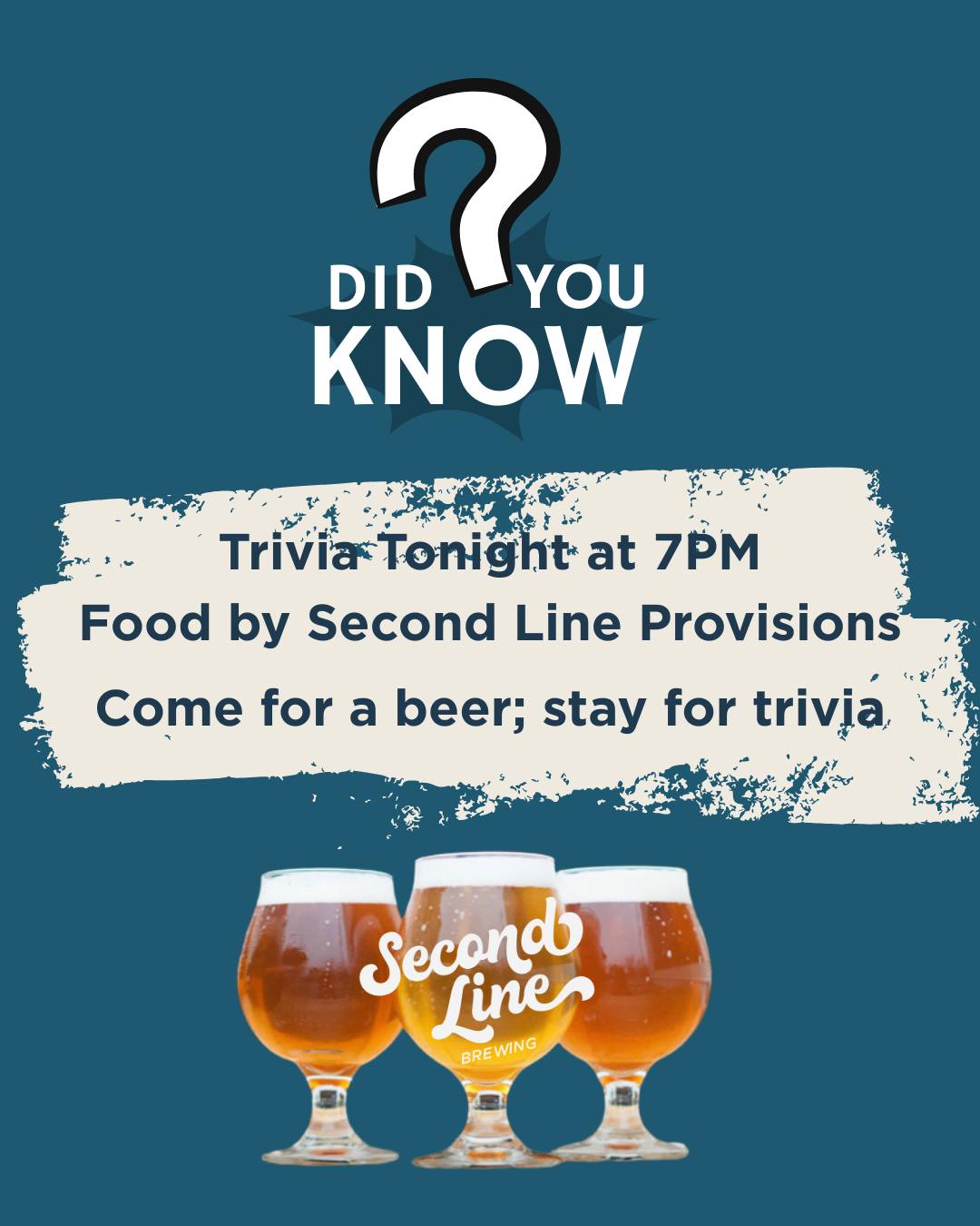 ๐บ TRIVIA TONIGHT! ๐ง World Cup on the TVs.
Grab your smartest friends and head to Second Line Brewing โ Trivia kicks off at 7PM, hosted by Challenge Entertainment.
โ
Free to play
๐ Bar tab prizes
๐ฝ๏ธ Food by Second Line Provisions
Come for a beer and stay for Trivia. We'll see you at 7!
๐ PARKING PSA: Our neighbor has a new hobby โ calling parking enforcement on you. Do yourself a favor and parallel park on our dead-end street so everyone stays ticket-free.
๐ 433 N. Bernadotte St, Mid-City