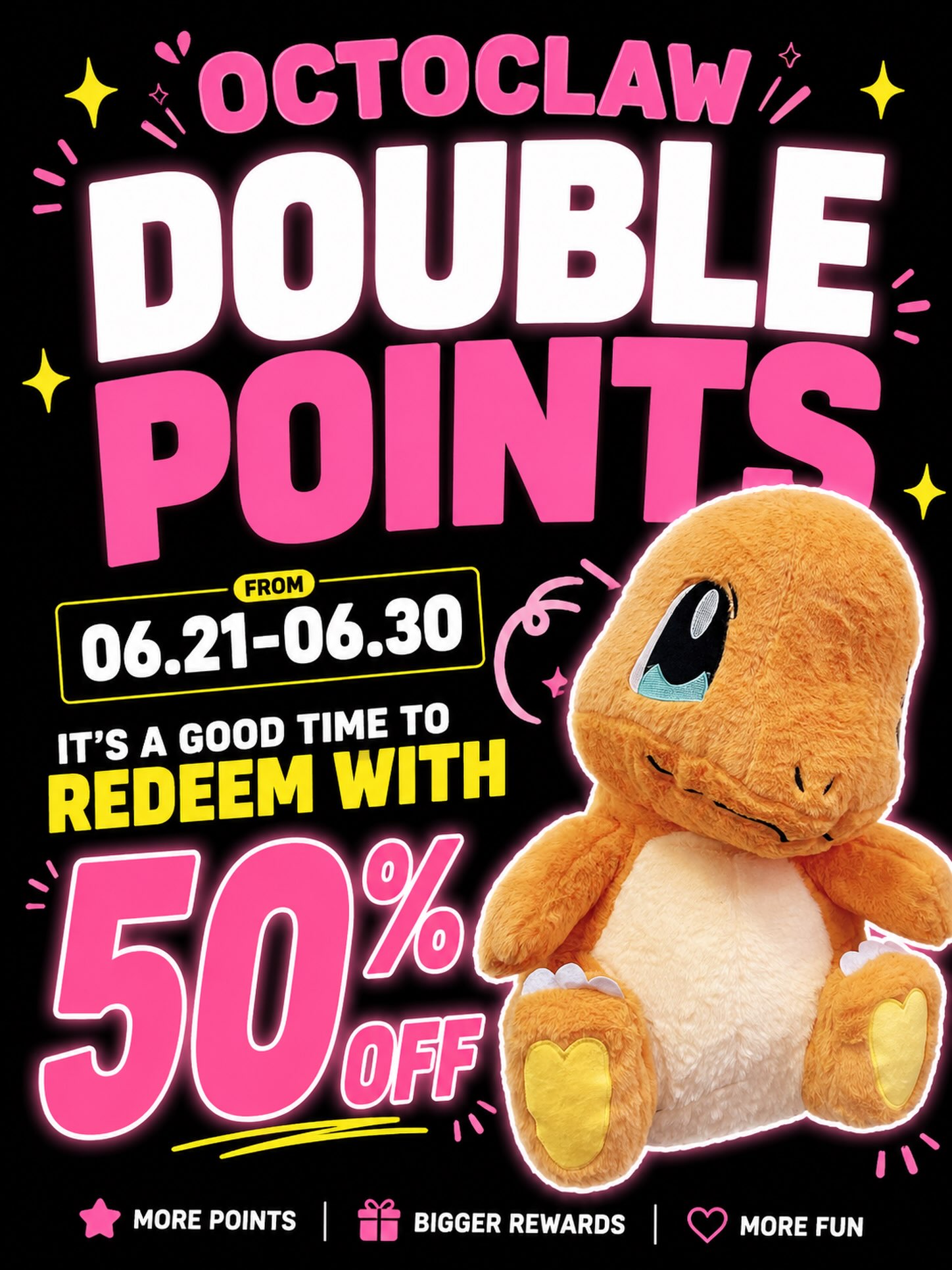 ☀️ No summer plans? We’ve got you!
The OctoClaw DOUBLE POINTS event is in full swing! 🔥
🎮 Play more, earn DOUBLE points
🧸 Redeem your dream HUGE plushies
💕 Perfect for friends, dates, and family fun
This summer, make memories and win BIG at OctoClaw!
Tag your claw machine buddy and come play with us! 🩷
#OctoClaw #DoublePoints #ClawMachine #SummerFun #Arcade PokemonPlush Kawaii FamilyFun WinBig AuroraOntario