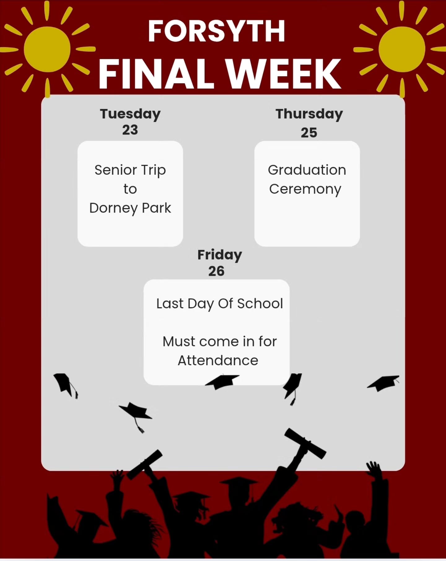 Hey Forsyth! We made it! This Tuesday is our Senior Trip to Dorney Park. Thursday morning is our Graduation Ceremony. And Friday is our last day of school. Students must come in for attendance that day.
#seniortrip #dorneypark #graduation #lastdayofschool #summervacation