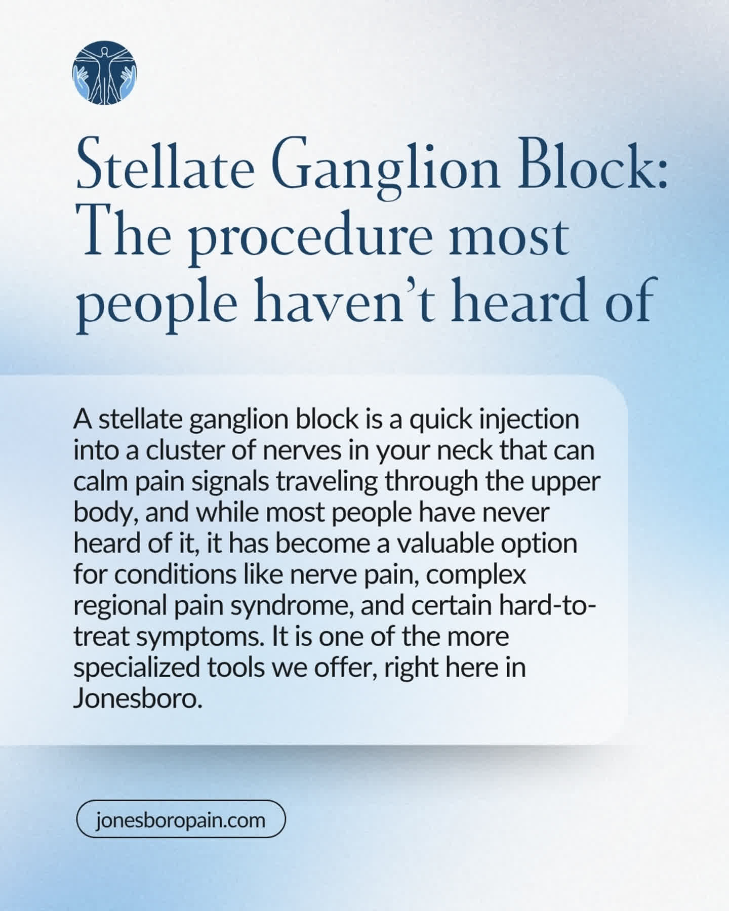 A stellate ganglion block is a quick injection into a cluster of nerves in your neck that can calm pain signals traveling through the upper body.
Most people have never heard of it, but it has become a valuable option for nerve pain, complex regional pain syndrome, and other hard-to-treat conditions. It is one of the more specialized tools we offer, right here in Jonesboro.
If you or your doctor have wondered whether it fits your situation, we are happy to talk it through.
📞 (870) 972-0411
#StellateGanglionBlock #InterventionalPain #ChronicPain #PainManagement #JonesboroAR #ThePainCenter
