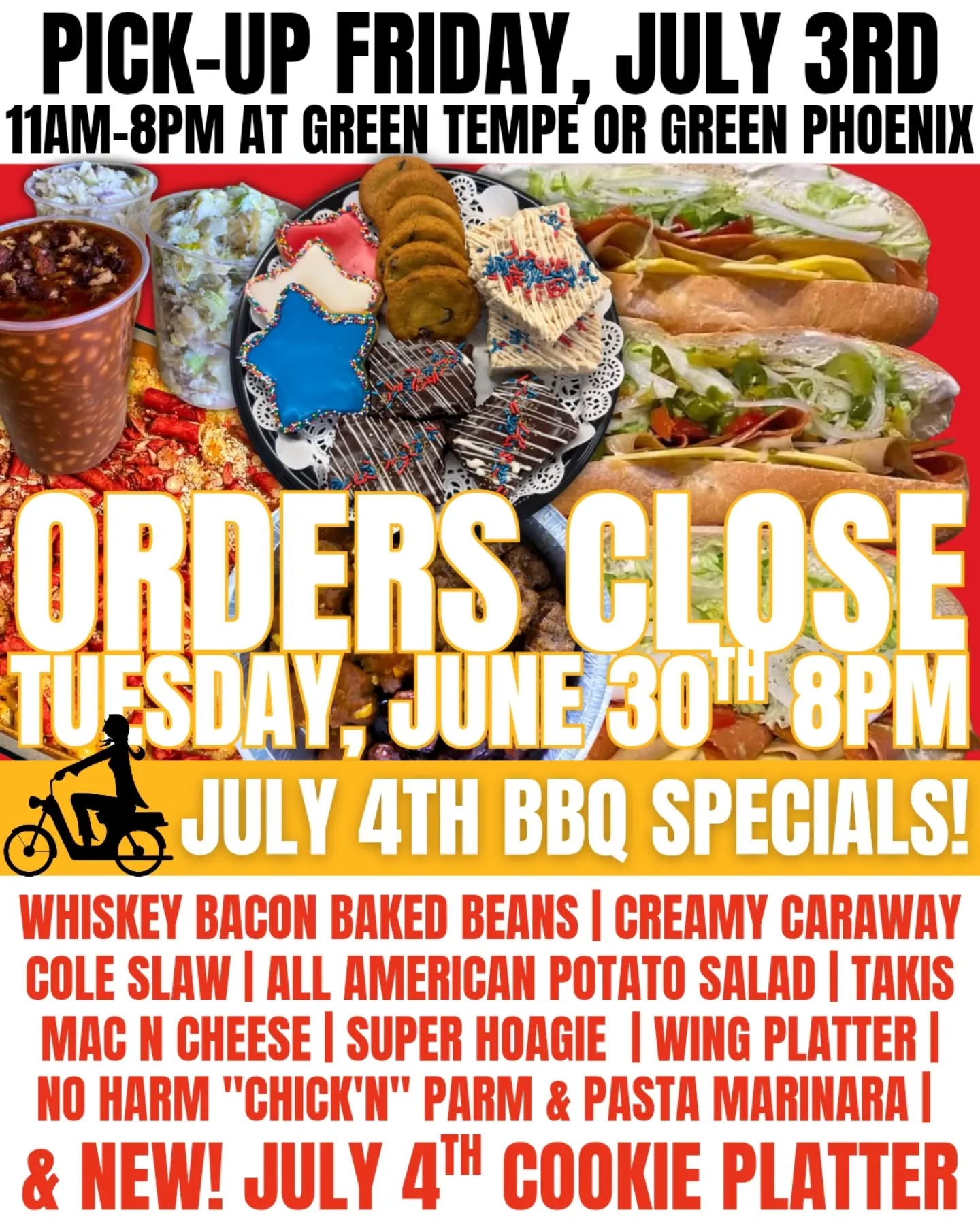 🚨 LAST CALL! 🚨
The countdown is on!
Tomorrow (6/30) at 8pm is your final chance to pre-order everything you need for an easy (and delicious) July 4th celebration.
🇺🇸 NEW July 4th Cookie Platter 🥔 All-American Potato Salad 🥬 Creamy Caraway Cole Slaw 🫘 Whiskey Bacon Baked Beans
🧀 Takis Mac N Cheeze 🥪 Super Hoagies 🪽 Wing Platters 🍝 No Harm Chick'n Parm & Pasta
Whether you're hosting the neighborhood, heading to a BBQ, or just treating yourself, we've got the sides (and sweets) covered.
⏰ Pre-orders close tomorrow at 8pm.
📍Pickup is Friday, July 3 at green Phoenix or green Tempe.
Don't spend the 4th wishing you'd ordered the Potato Salad! 🎆🌱
Order online NOW!
🔗 Link in our bio.
#alwaysvegan #supportlocal
