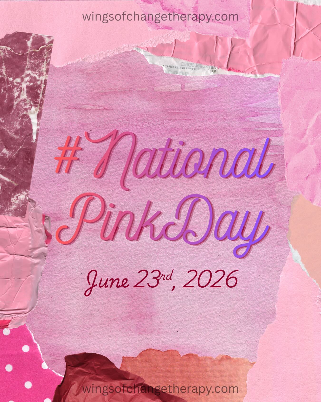 💗Celebrated every June 23rd, this day actually carries a rich history. In color psychology, pink represents compassion, nurturing, and emotional comfort. 💗
Historically, it has evolved from a symbol of status and luxury into a modern visual cue for tenderness and community solidarity.
For us in the mental health space, National Pink Day is a beautiful reminder of the power of softness.
In a world that often demands we be tough, “thinking pink” is an invitation to embrace self-compassion. It isn’t about toxic positivity or forcing a smile. Instead, it is about actively seeking out the quiet, safe spaces and gentle moments that protect our inner peace.
Today, let this color be your reminder to soften your internal dialogue, practice deep grace, and treat yourself with kindness. 🌷
Visit us at:
https://www.wingsofchangetherapy.com/
You can also reach us by phone at (760) 696-5055 or email Melanie.Castellari@gmail.com to learn more about our services or schedule an appointment.
#NationalPinkDay #SelfCare #SelfCompassion #MentalHealthMatters #wingsofchange