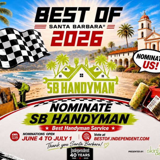 🚨 Only ONE WEEK LEFT to vote! 🚨
We’d be incredibly grateful for your vote for SB Handyman as Best Handyman Service in the Santa Barbara Independent’s Best of Santa Barbara® Readers’ Poll! 🛠️🙏
Vote here:
https://bestof.independent.com/housing/handyman-service
It only takes a minute — just search/select SB Handyman and cast your vote.
Make sure to vote for 20 categories to count 😃
Thank you so much to all of our amazing clients and neighbors in Santa Barbara, Goleta, Montecito, Carpinteria, Summerland, and Hope Ranch. Your support means the world to us, and we’d love to bring this one home again!
#SBHandyman #SantaBarbara #BestOfSantaBarbara #SantaBarbaraIndependent #SantaBarbaraHandyman